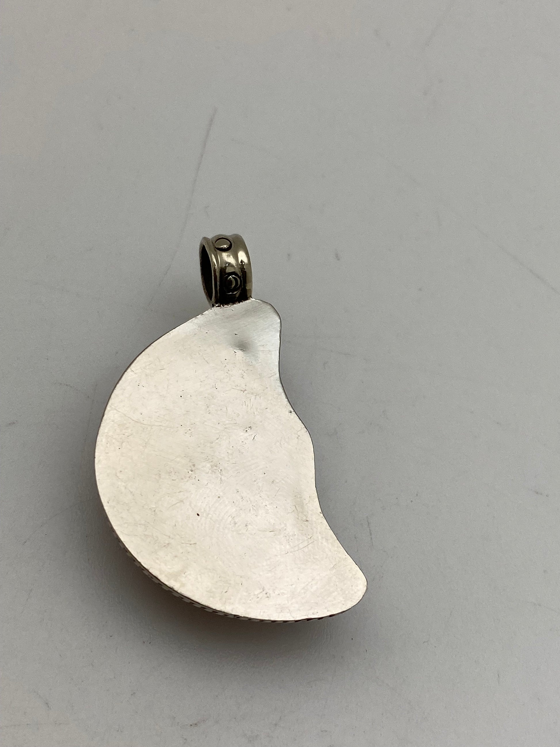 moon pendant, half moon, rose quartz, hand carved, hand crafted, tibetan silver,Himalyan,Nepalese
