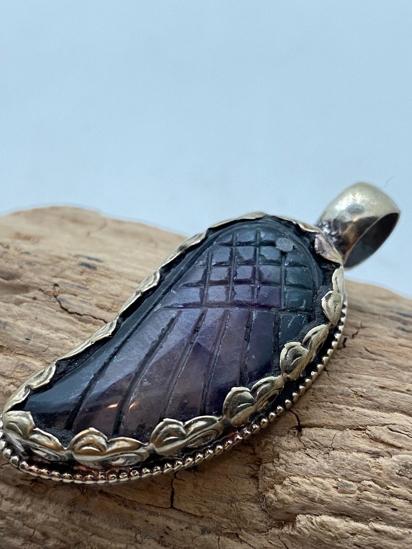 Fluorite wing pendant, hand carved, hand crafted,tibetan silver,Himalayan,nepalese