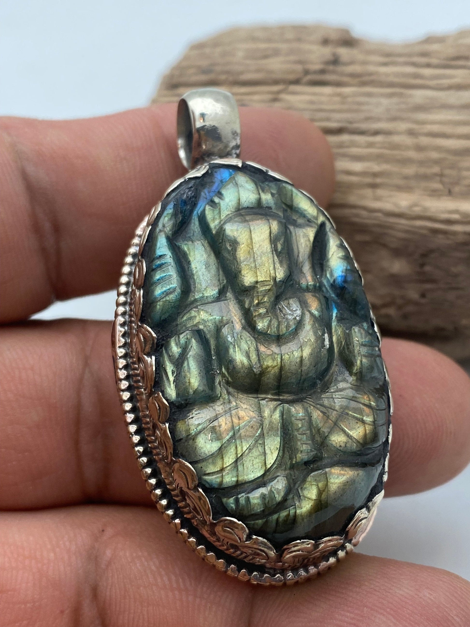 labradorite carved Ganesh pendant, hand carved, tibetansilver,handcrafted, Himalayan, Nepalese, amulet, prosperity ,lucky charm,spiritual