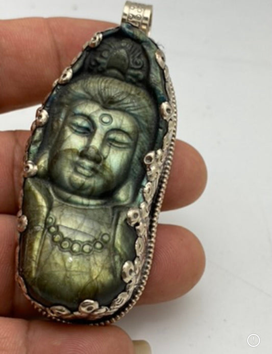 Labradorite carved shiva pendant,handcarved,tibetan silver,Amulet,ethnic design, handcrafted,Himalayan,Nepalese