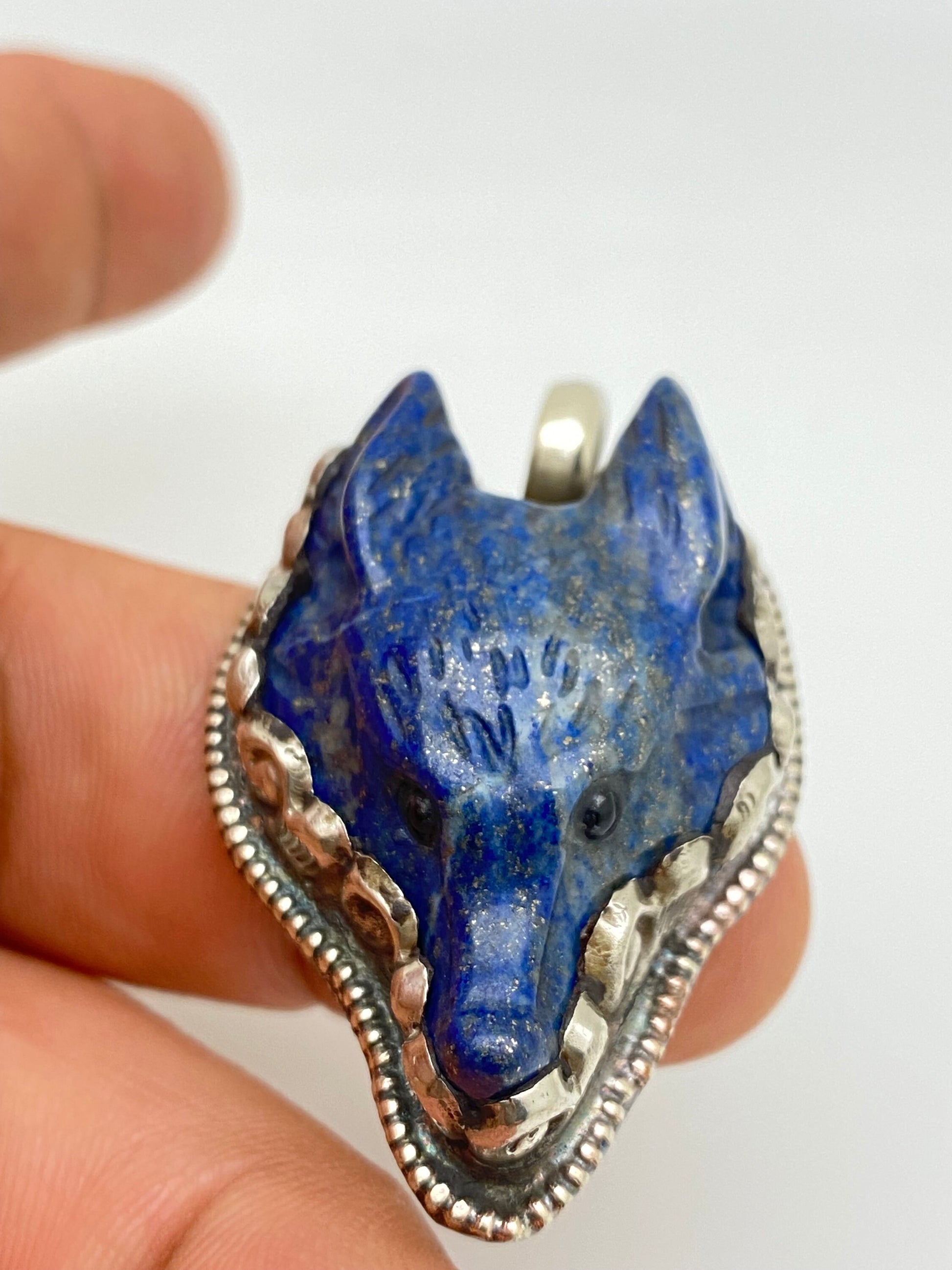 Lapis lazuli carved fox pendant, handcrafted,tibetan silver ,animal pendant, handcarved, tibetan silver,Himalayn,Nepalese