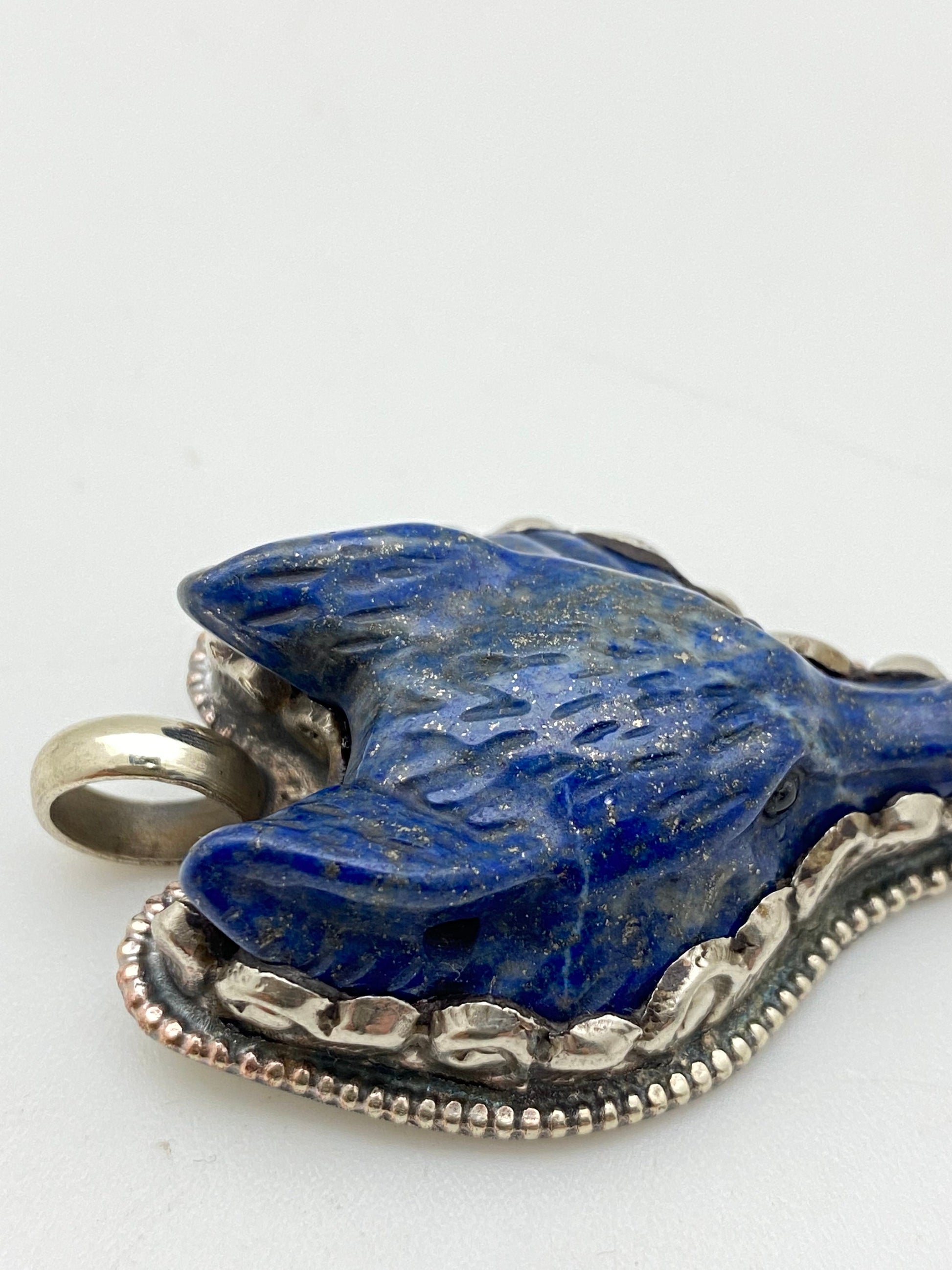 Lapis lazuli carved fox pendant, handcrafted,tibetan silver ,animal pendant, handcarved, tibetan silver,Himalayn,Nepalese