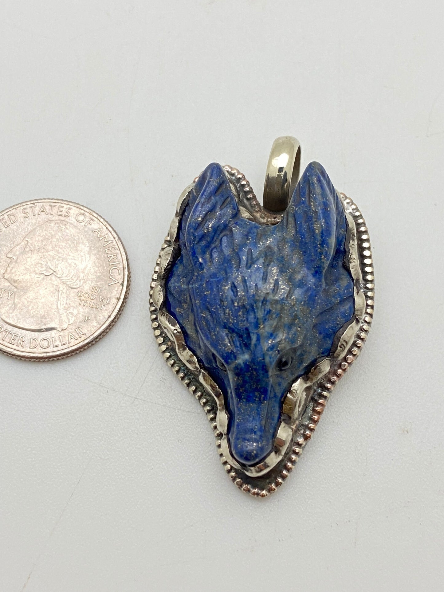 Lapis lazuli carved fox pendant, handcrafted,tibetan silver ,animal pendant, handcarved, tibetan silver,Himalayn,Nepalese