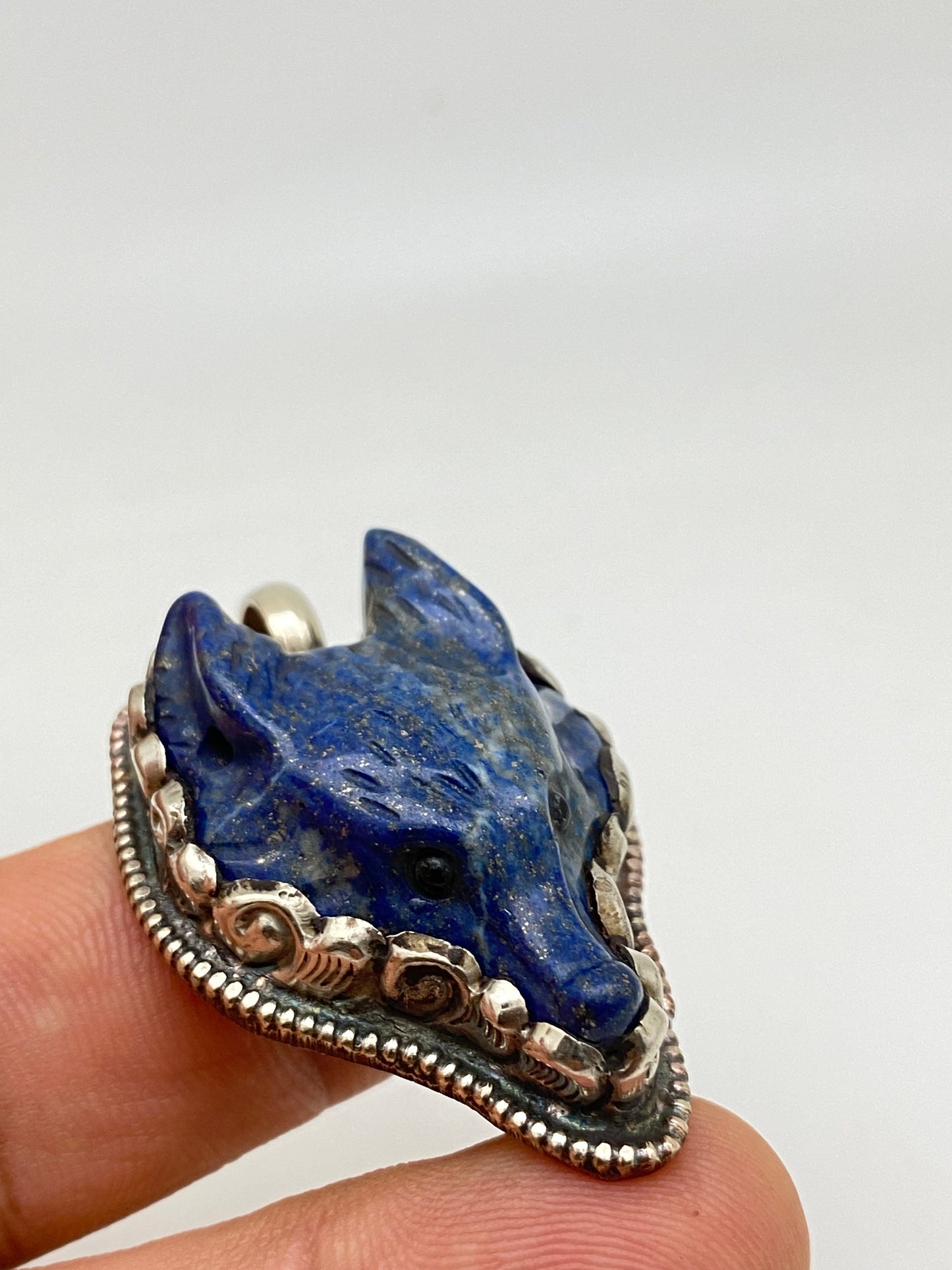 Lapis lazuli carved fox pendant, handcrafted,tibetan silver ,animal pendant, handcarved, tibetan silver,Himalayn,Nepalese