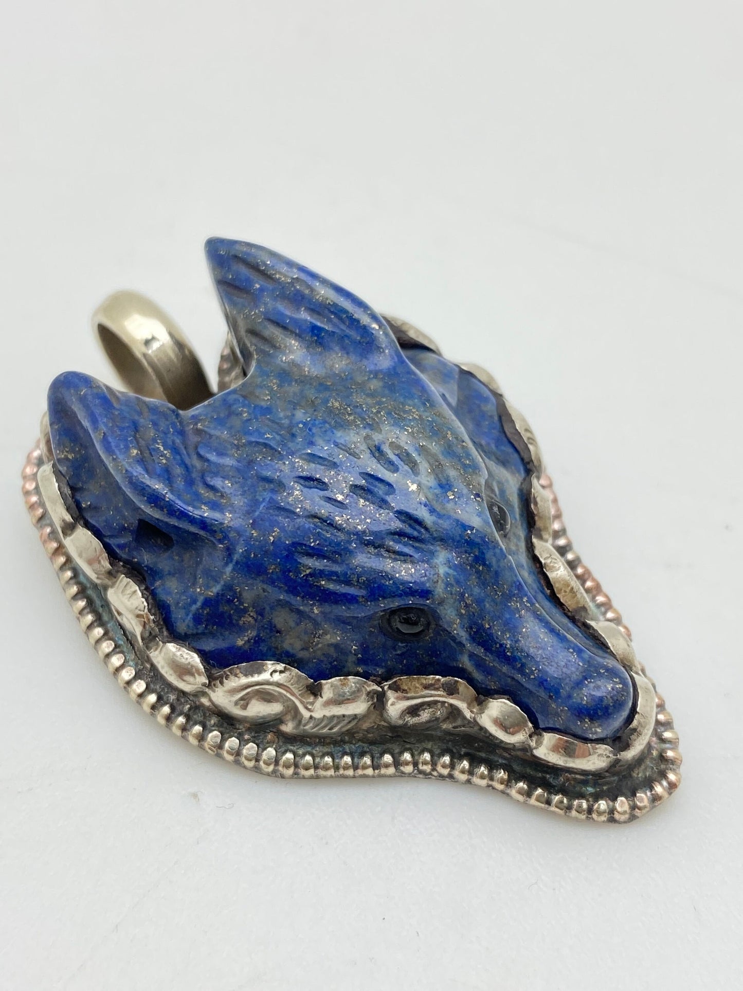 Lapis lazuli carved fox pendant, handcrafted,tibetan silver ,animal pendant, handcarved, tibetan silver,Himalayn,Nepalese