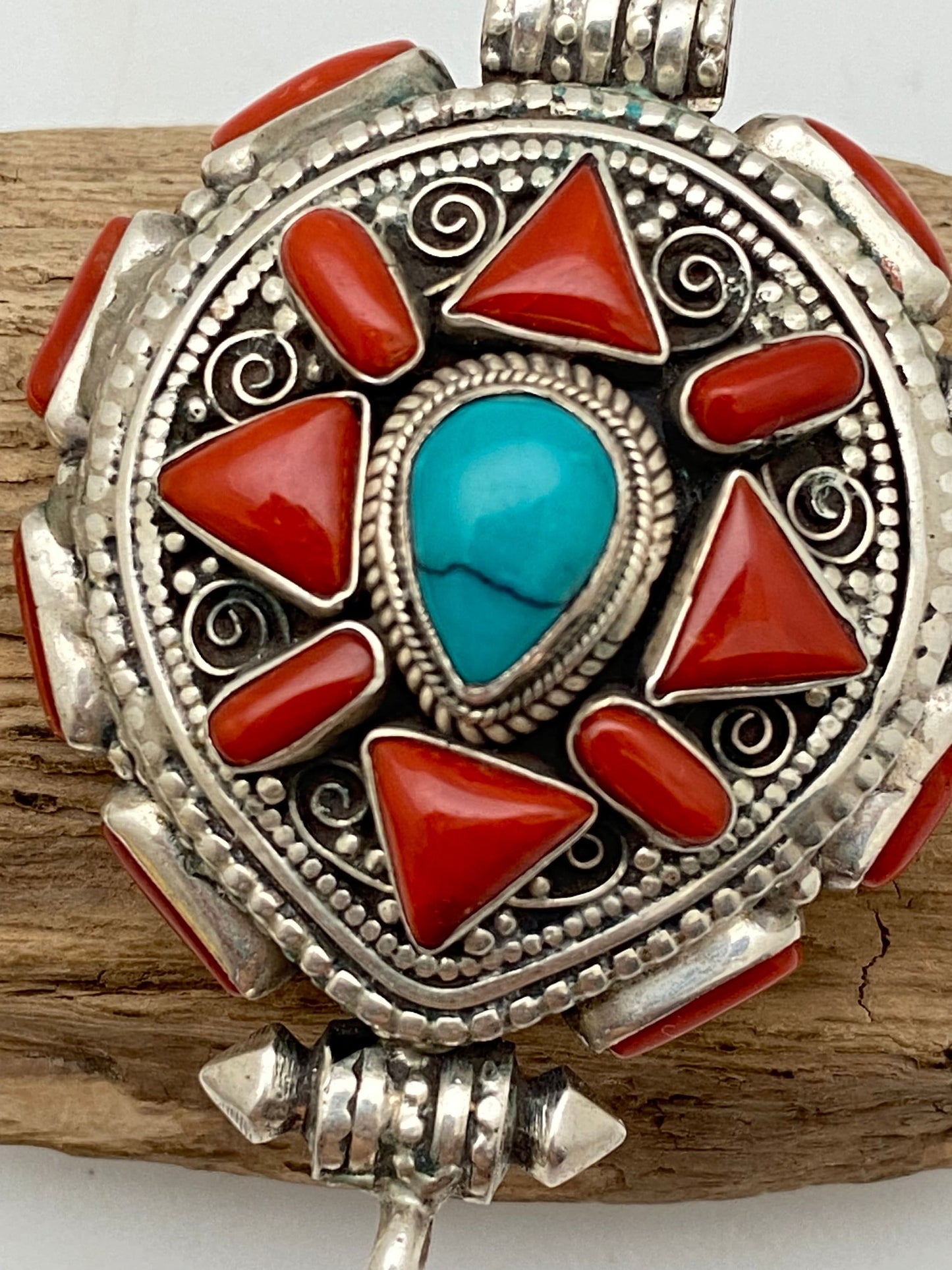 Coral & Turquoise Ghau Pendant: Handcrafted Sterling Silver Tibetan Prayer Box