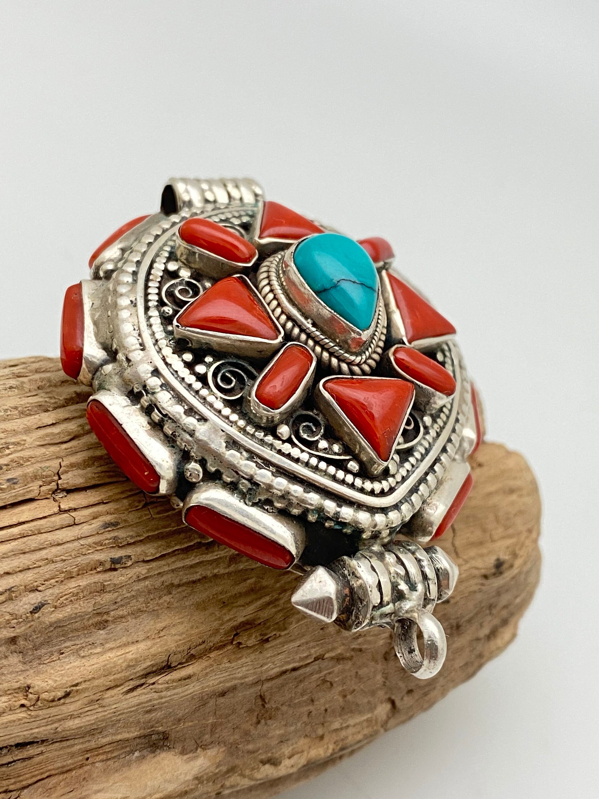Coral & Turquoise Ghau Pendant: Handcrafted Sterling Silver Tibetan Prayer Box