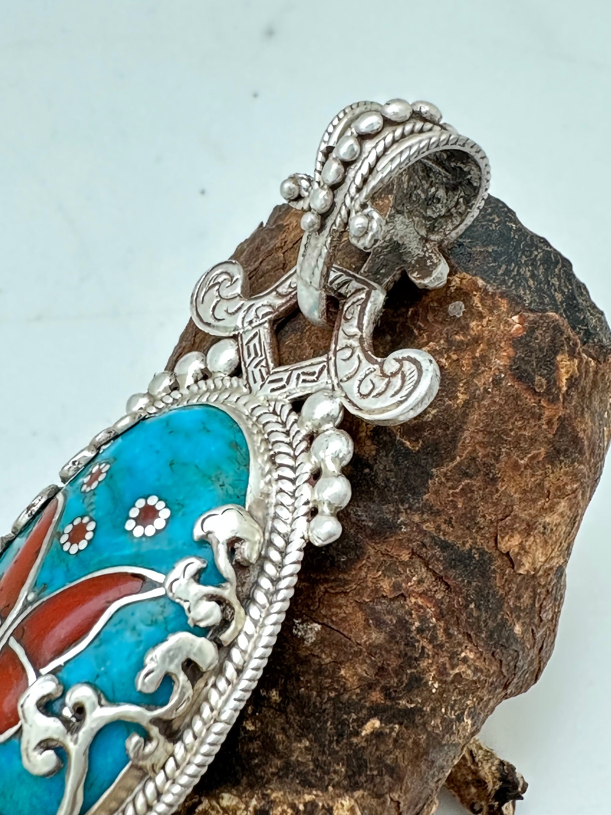 Butterfly pendant,sleeping beauty turquoise ,hand crafted, coral ,sterling silver,inlaid,tibetan design,handcarved,ethnic design,floral
