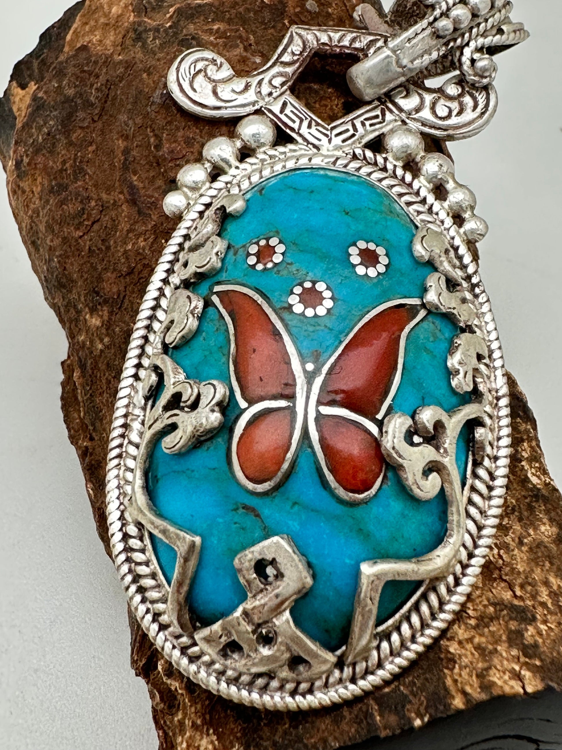 Butterfly pendant,sleeping beauty turquoise ,hand crafted, coral ,sterling silver,inlaid,tibetan design,handcarved,ethnic design,floral