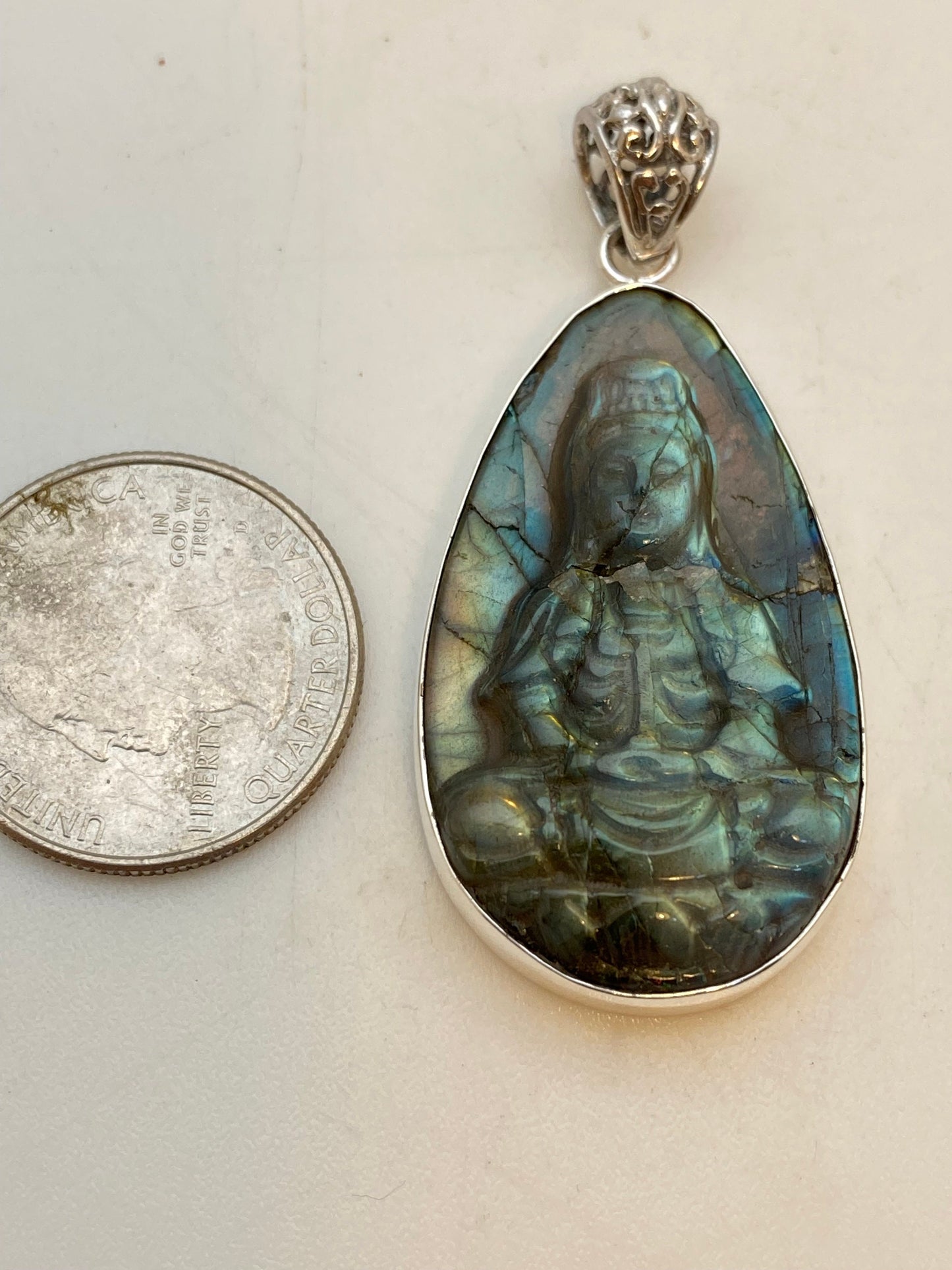 KwanYin, Quanyin, labradorite carved Pendant,Sterling Silver, Boddhisattva, feminine power, protection ,25mmX50mm