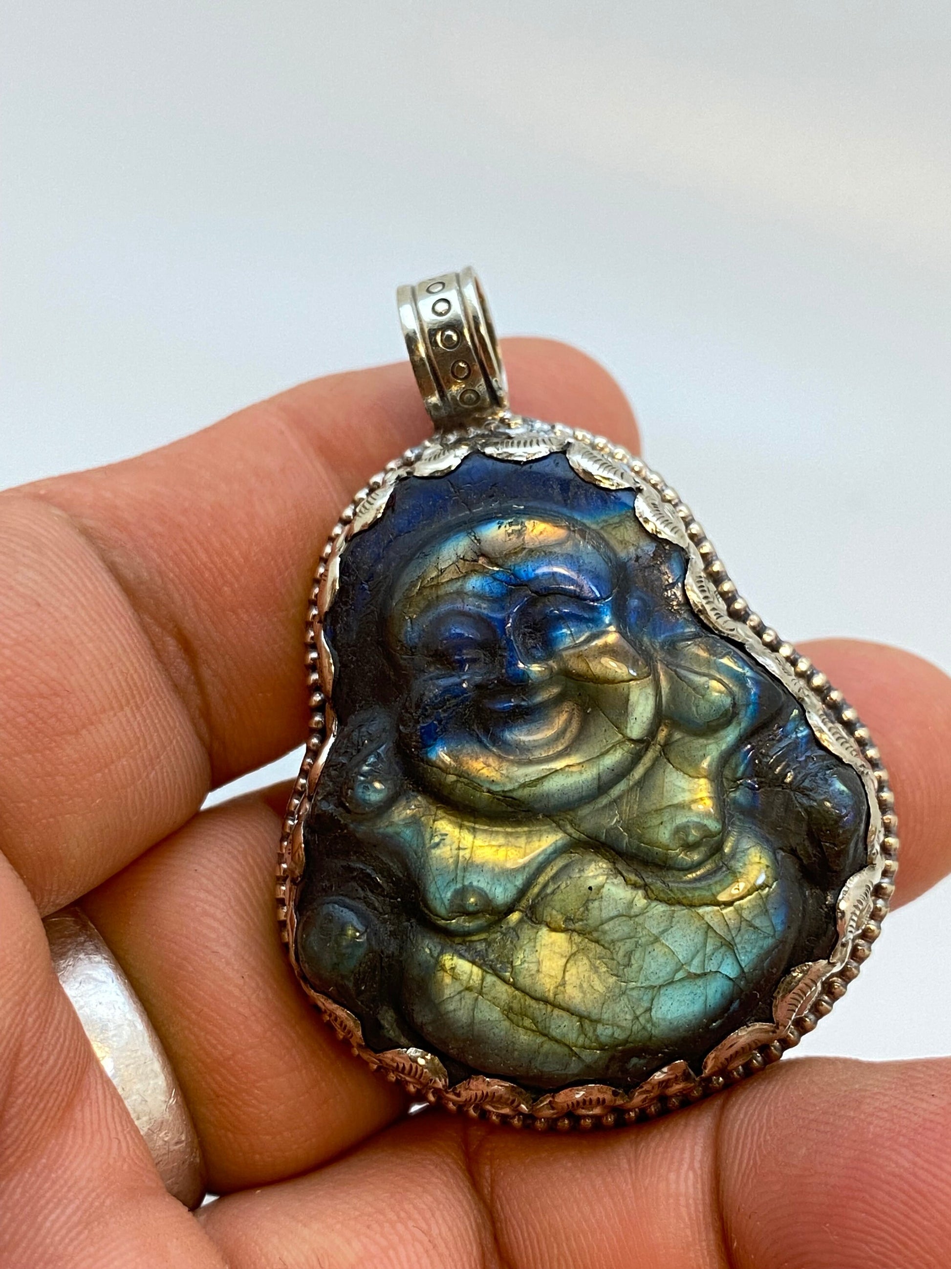 Labradorite laughing Buddha,Happy Buddha,Laughing Buddha,Tibetan silver, hand carved, hand crafted, ethnic,Himalayan,Nepal,Buddhist