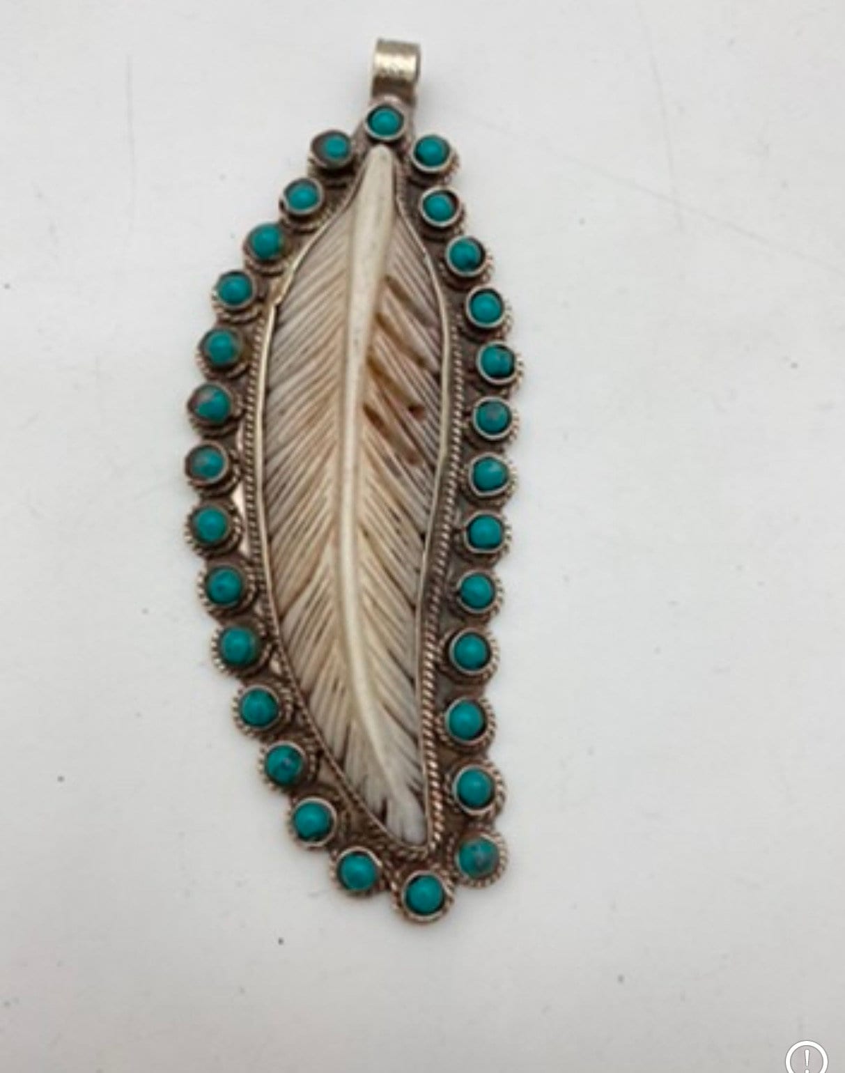 Bone carved feather pendant,Tibetan silver, handcrafted,turquoise,handcarved,ethnic,Himalayan,