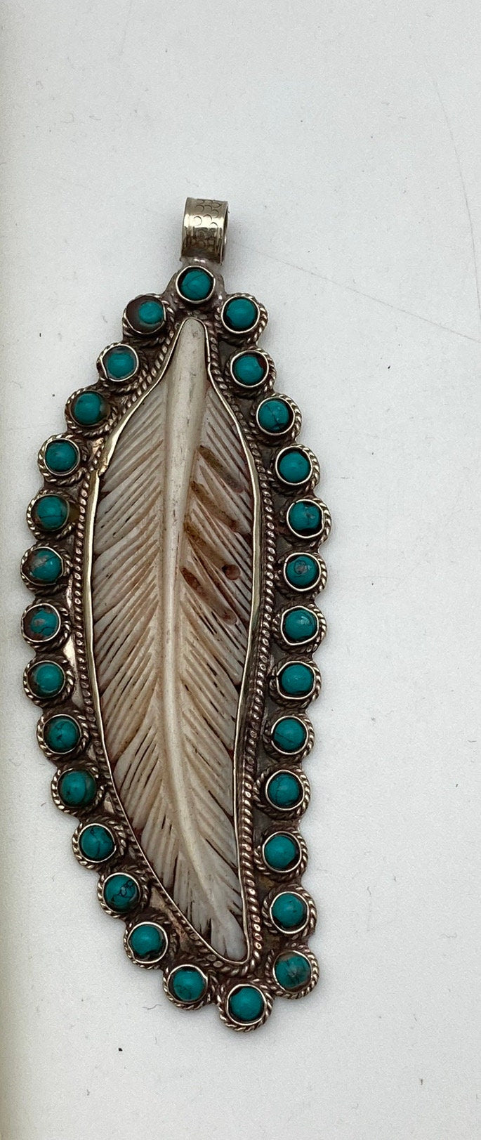 Bone carved feather pendant,Tibetan silver, handcrafted,turquoise,handcarved,ethnic,Himalayan,