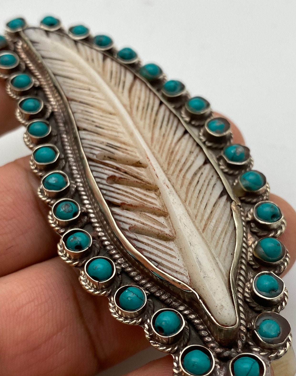 Bone carved feather pendant,Tibetan silver, handcrafted,turquoise,handcarved,ethnic,Himalayan,