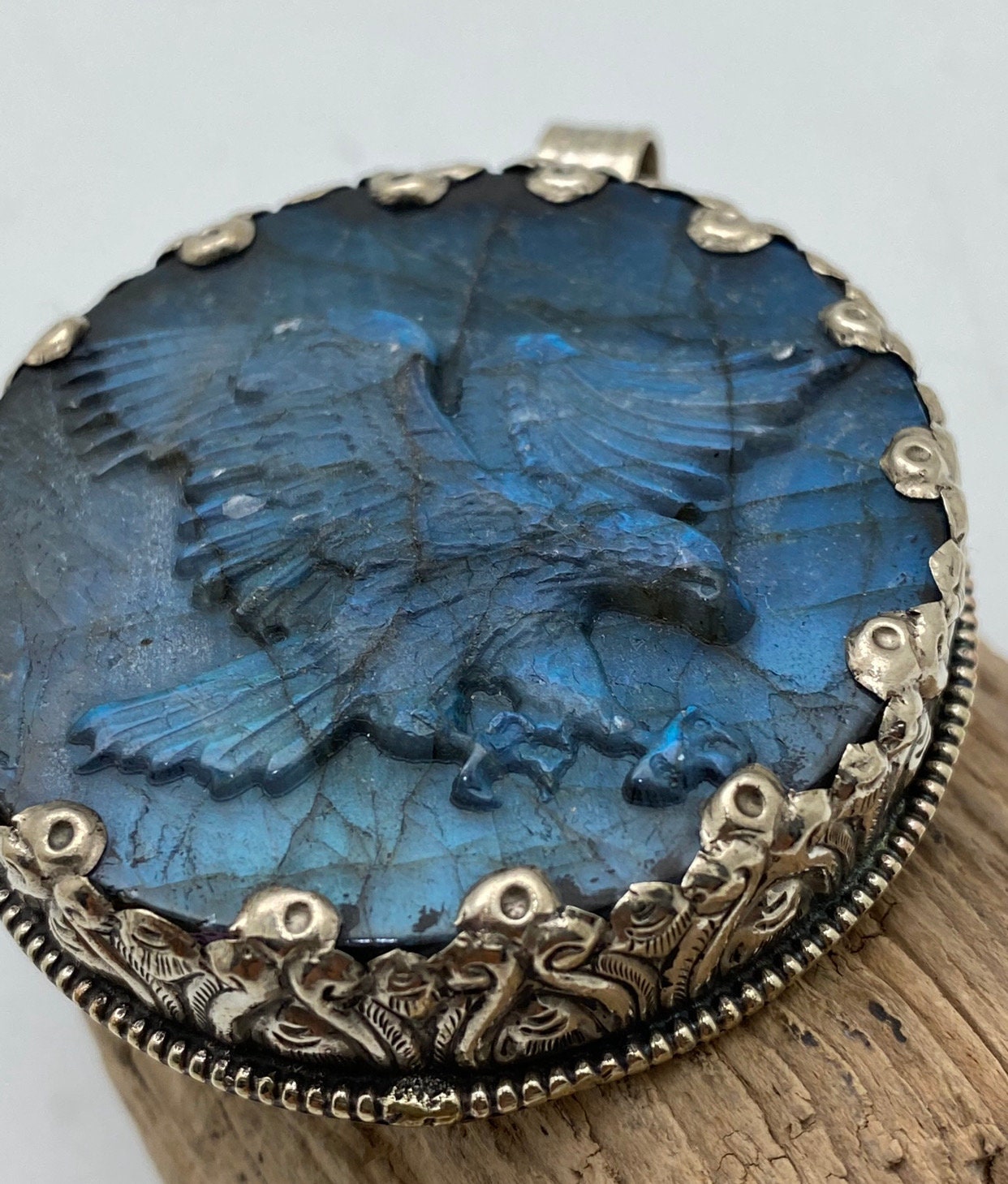 Handcrafted Labradorite Eagle Pendant: Tibetan Silver Bird Jewelry