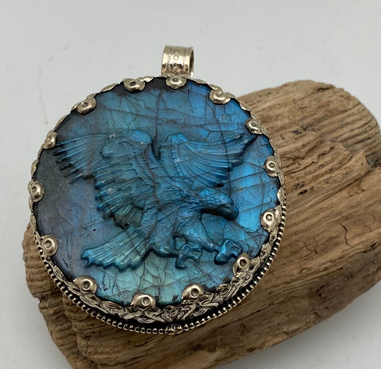 Handcrafted Labradorite Eagle Pendant: Tibetan Silver Bird Jewelry