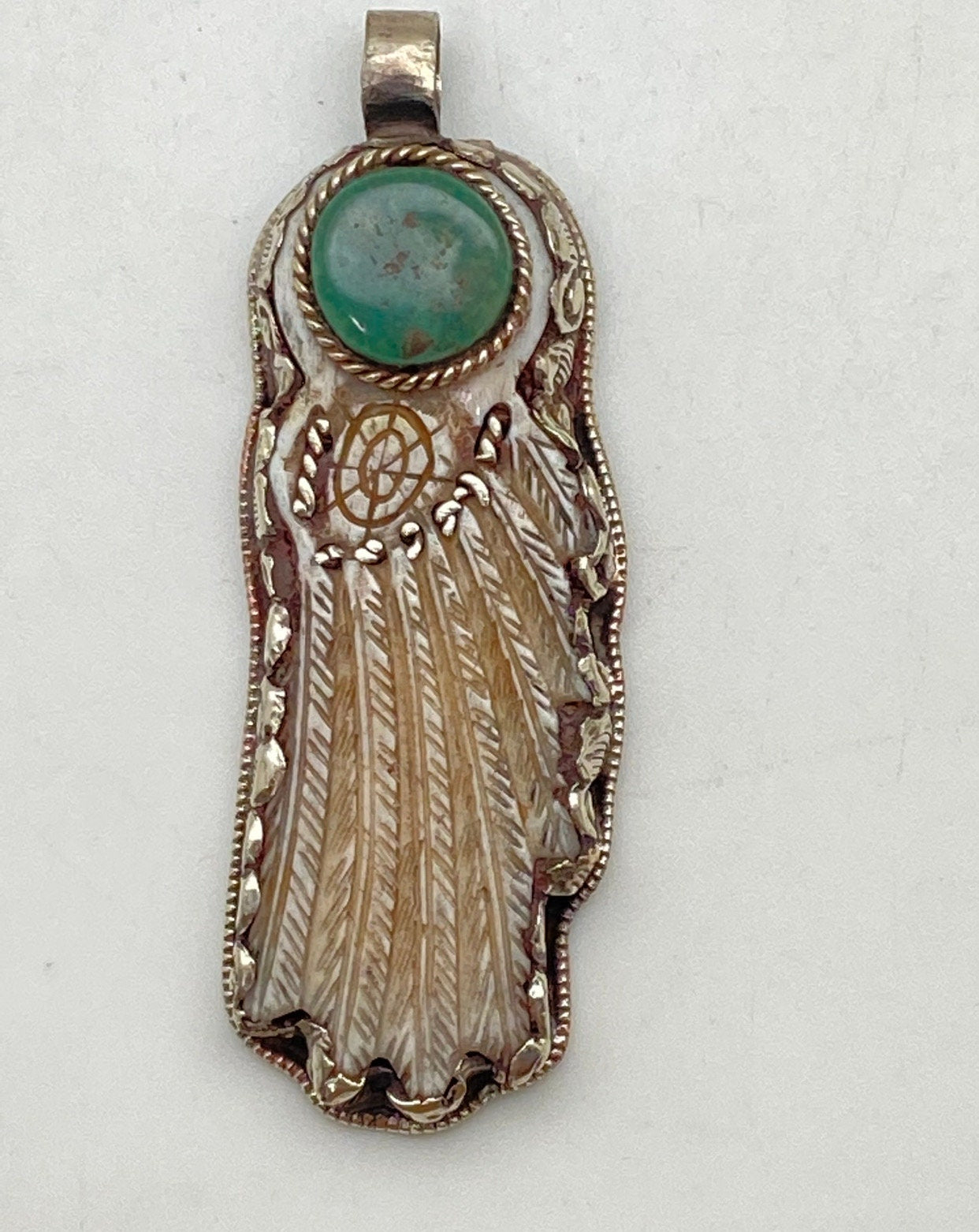 Bone carved, dream catcher pendant, handcrafted,Nepal, Tibetan silver, turquoise,handmade