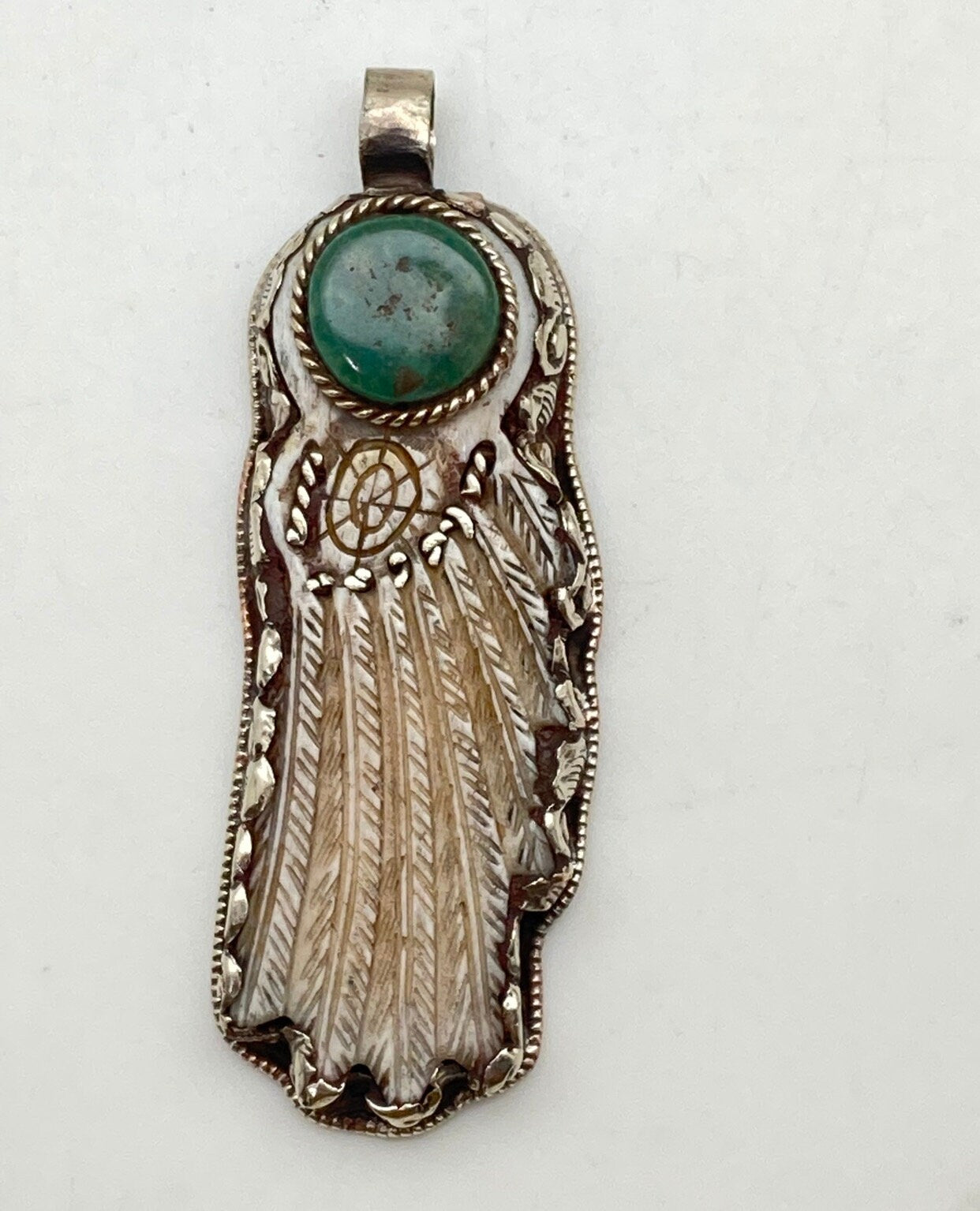 Bone carved, dream catcher pendant, handcrafted,Nepal, Tibetan silver, turquoise,handmade