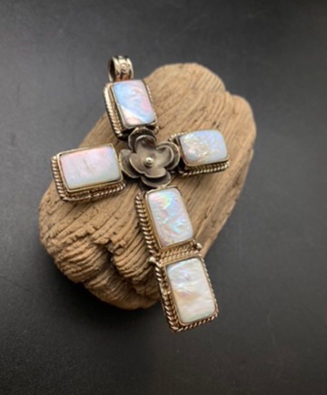mother of pearl,cross pendant, handcrafted,Tibetan silver,floral,Nepal