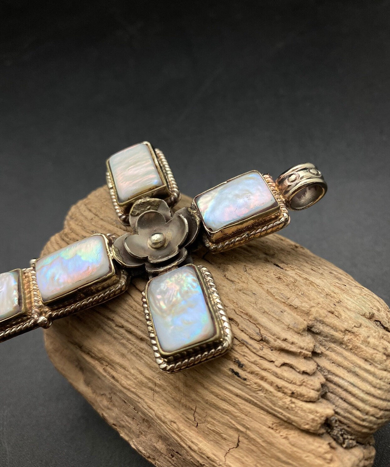 mother of pearl,cross pendant, handcrafted,Tibetan silver,floral,Nepal
