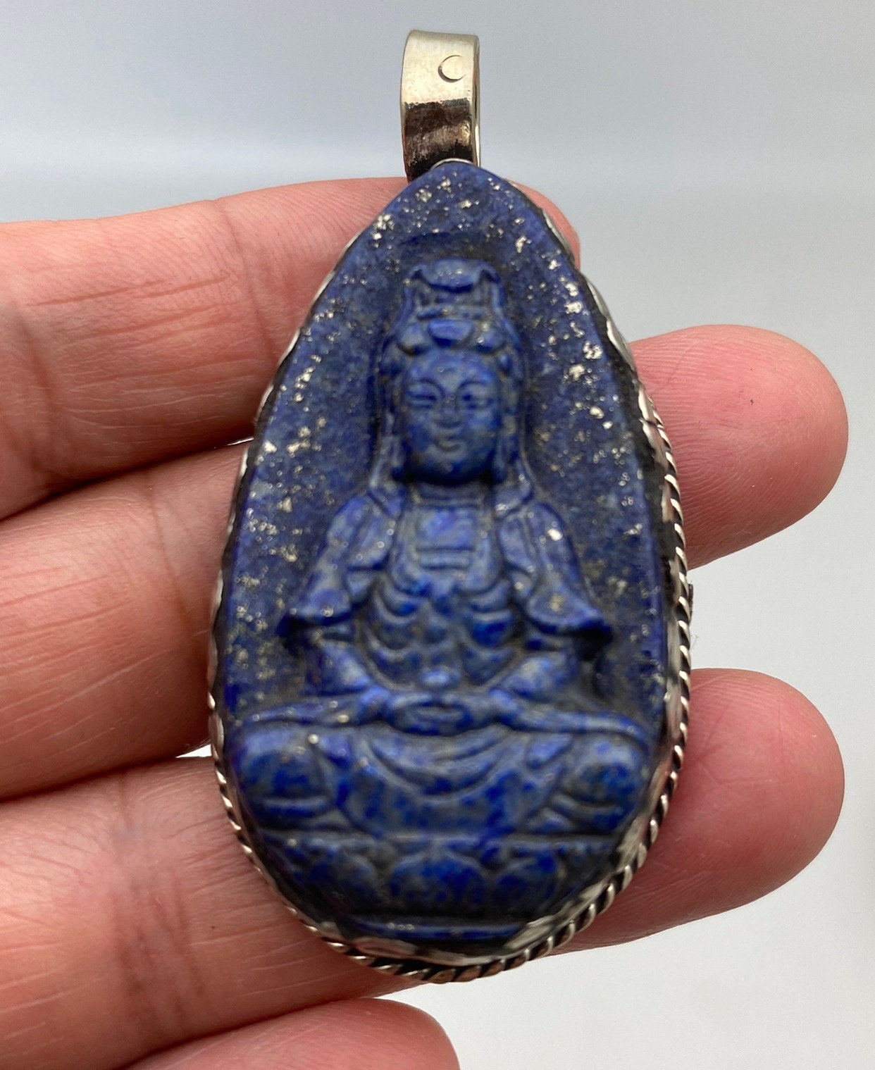 Lapis Guanyin Pendant: Handcrafted Tibetan Silver Boddhisatva
