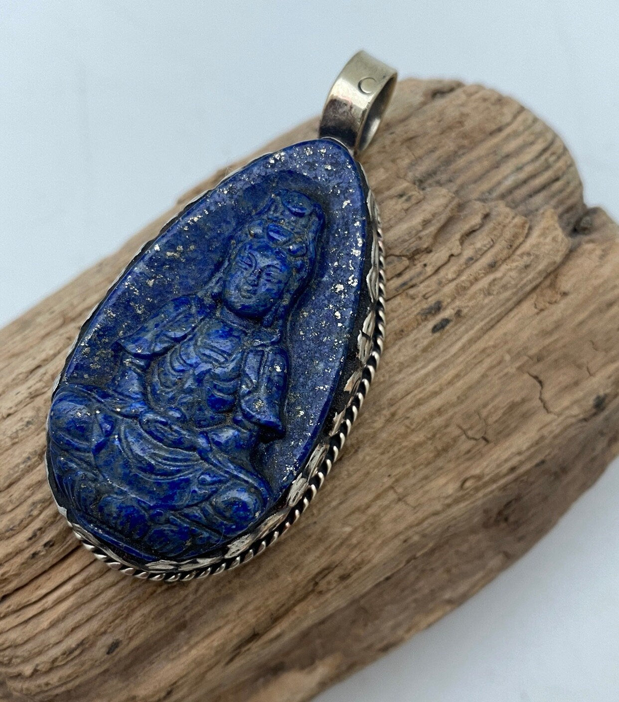 Lapis Guanyin Pendant: Handcrafted Tibetan Silver Boddhisatva