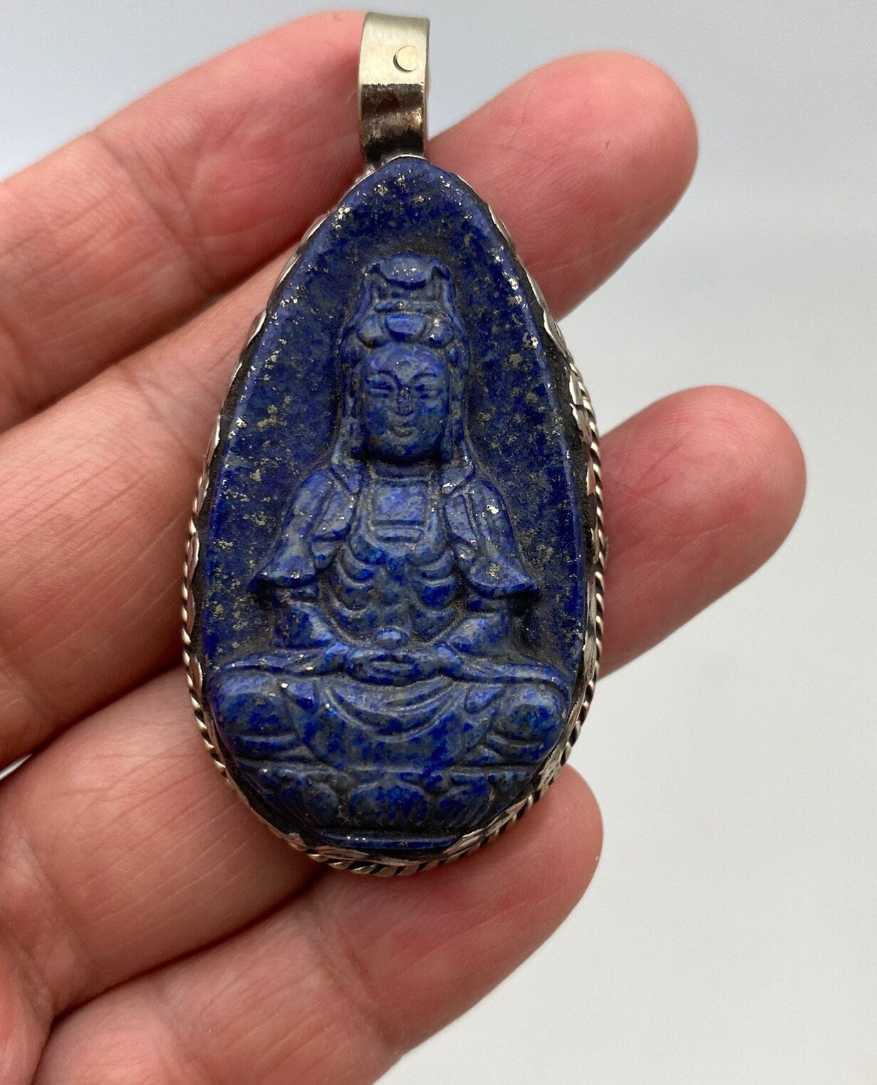Lapis Guanyin Pendant: Handcrafted Tibetan Silver Boddhisatva