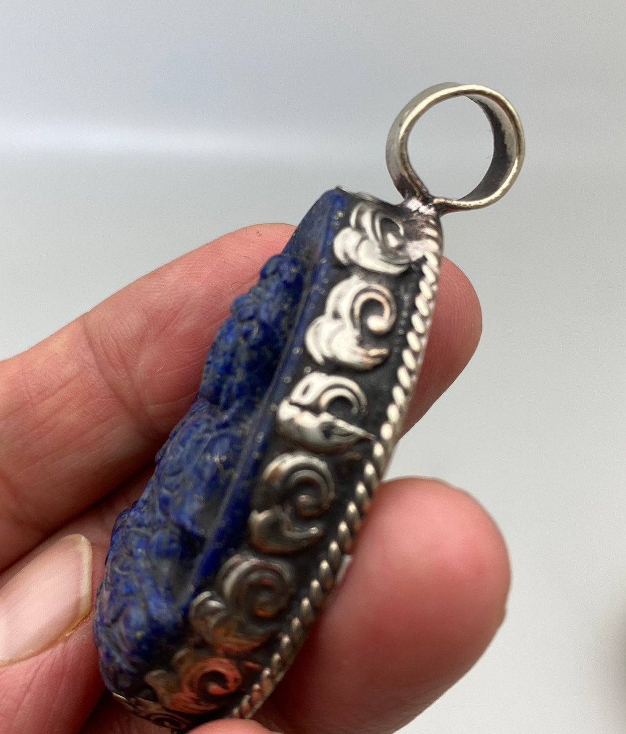 Lapis Guanyin Pendant: Handcrafted Tibetan Silver Boddhisatva