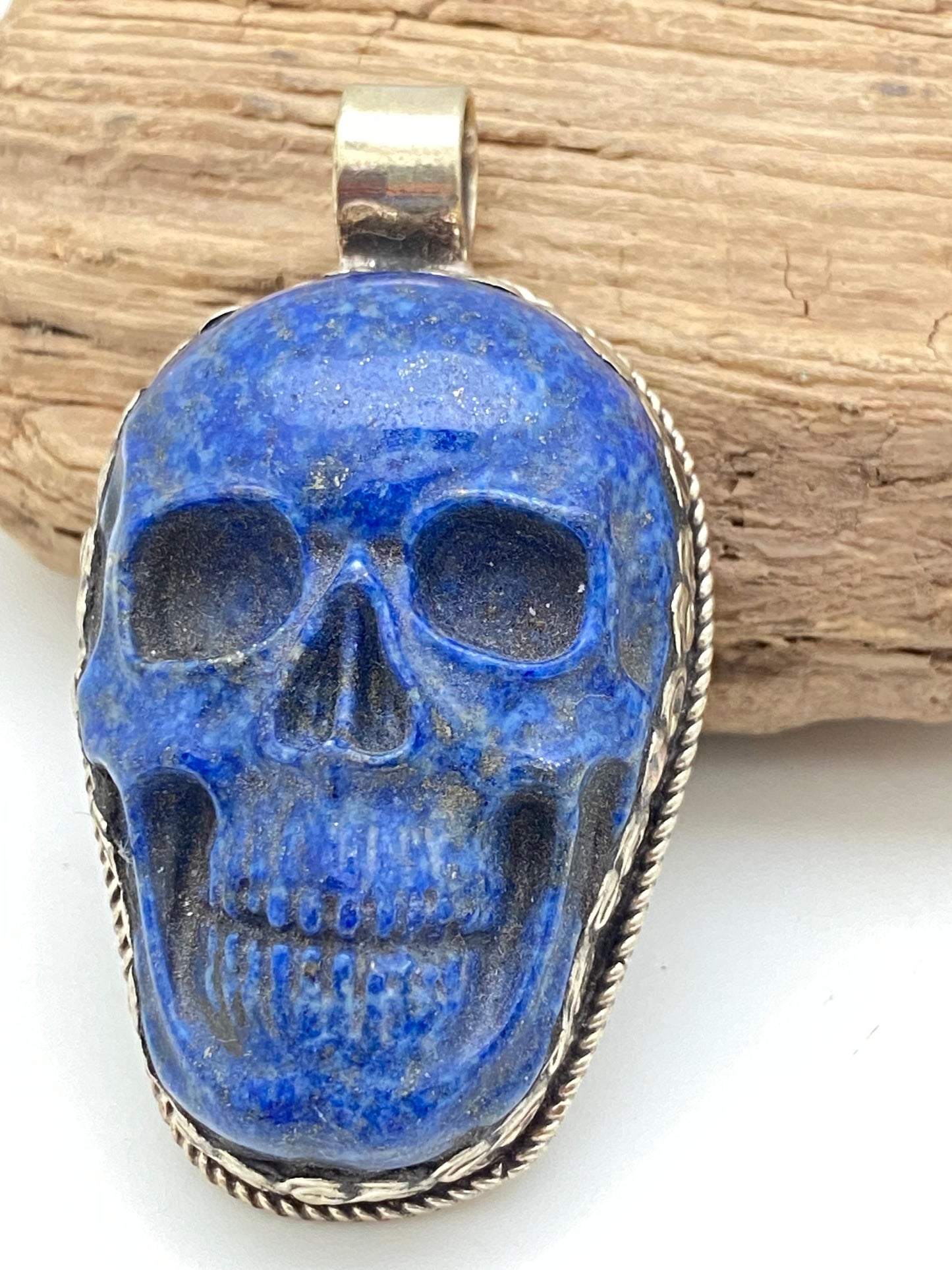 lapis lazuli skull pendant,tibetan silver, handcrafted,ethnic,tibetan design,Himalayan,Nepalese,