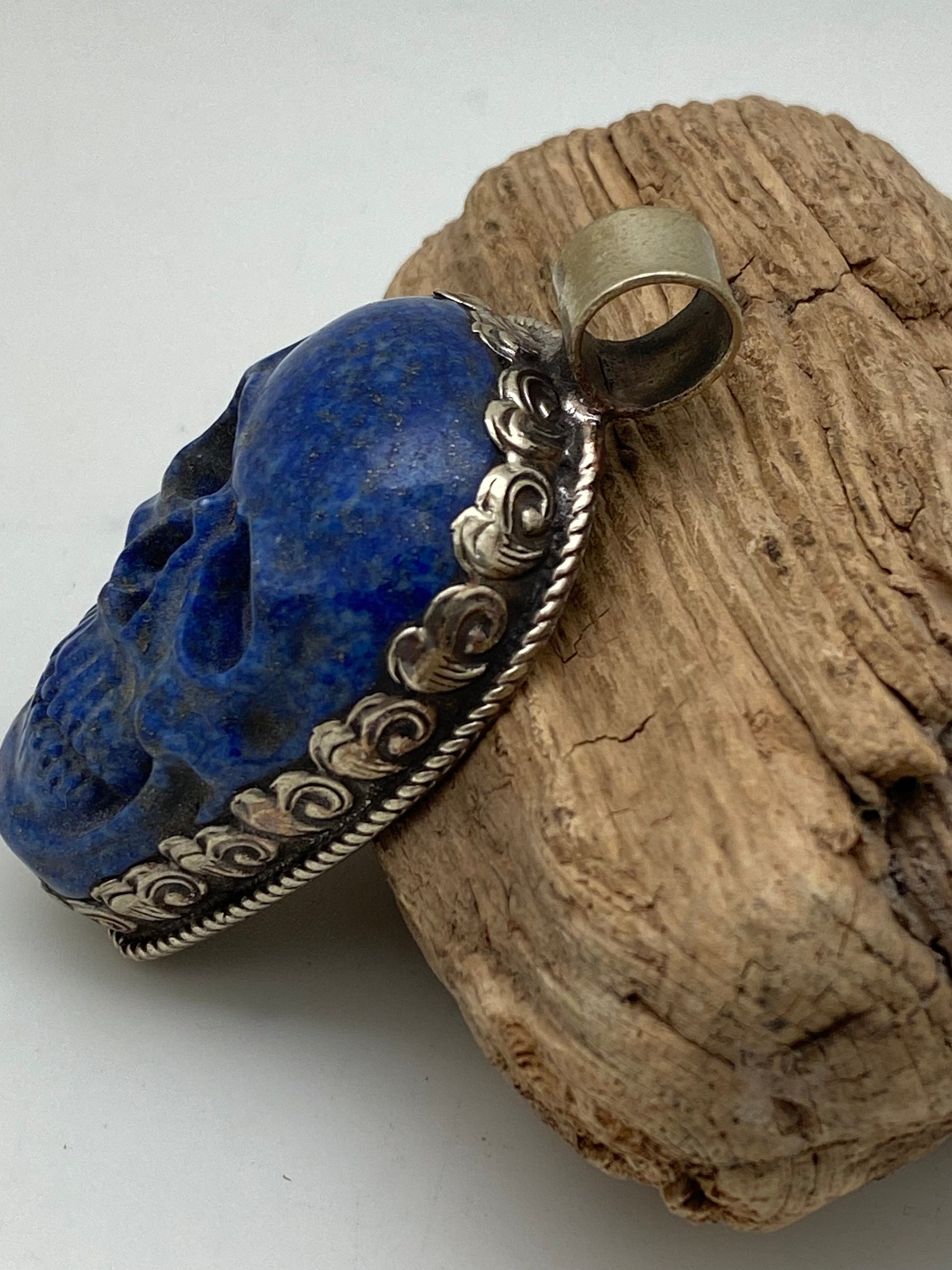 lapis lazuli skull pendant,tibetan silver, handcrafted,ethnic,tibetan design,Himalayan,Nepalese,