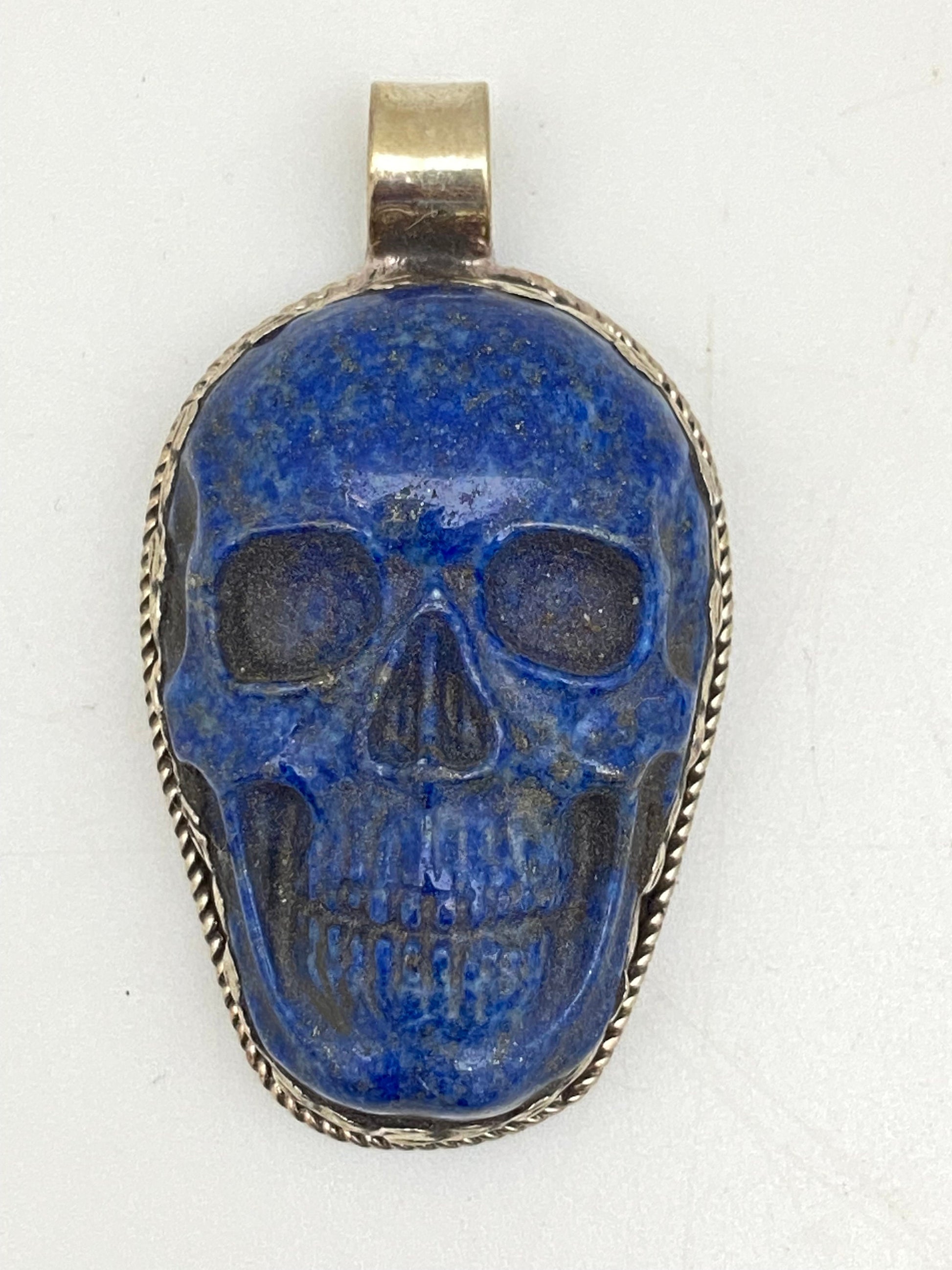 lapis lazuli skull pendant,tibetan silver, handcrafted,ethnic,tibetan design,Himalayan,Nepalese,