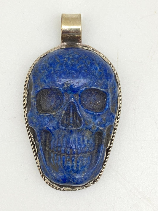 lapis lazuli skull pendant,tibetan silver, handcrafted,ethnic,tibetan design,Himalayan,Nepalese,