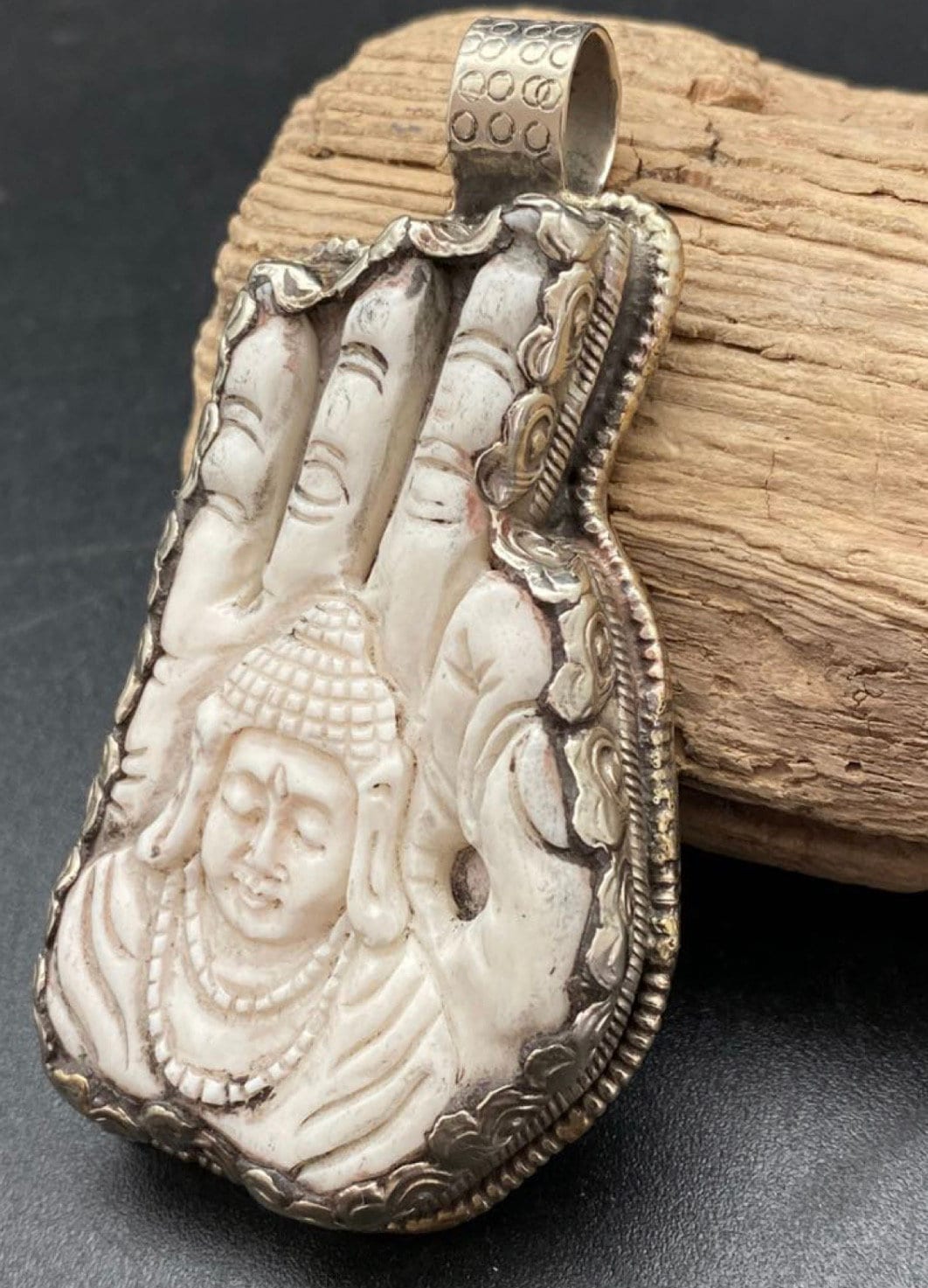 Bone Carved Buddha Hamsa Pendant: Tibetan Silver, Nepalese