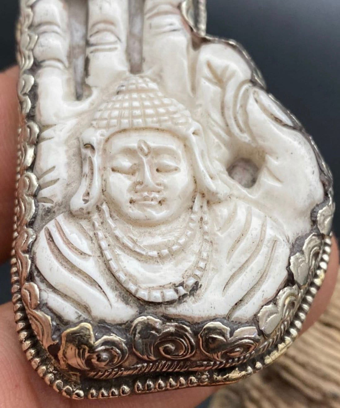 Bone Carved Buddha Hamsa Pendant: Tibetan Silver, Nepalese