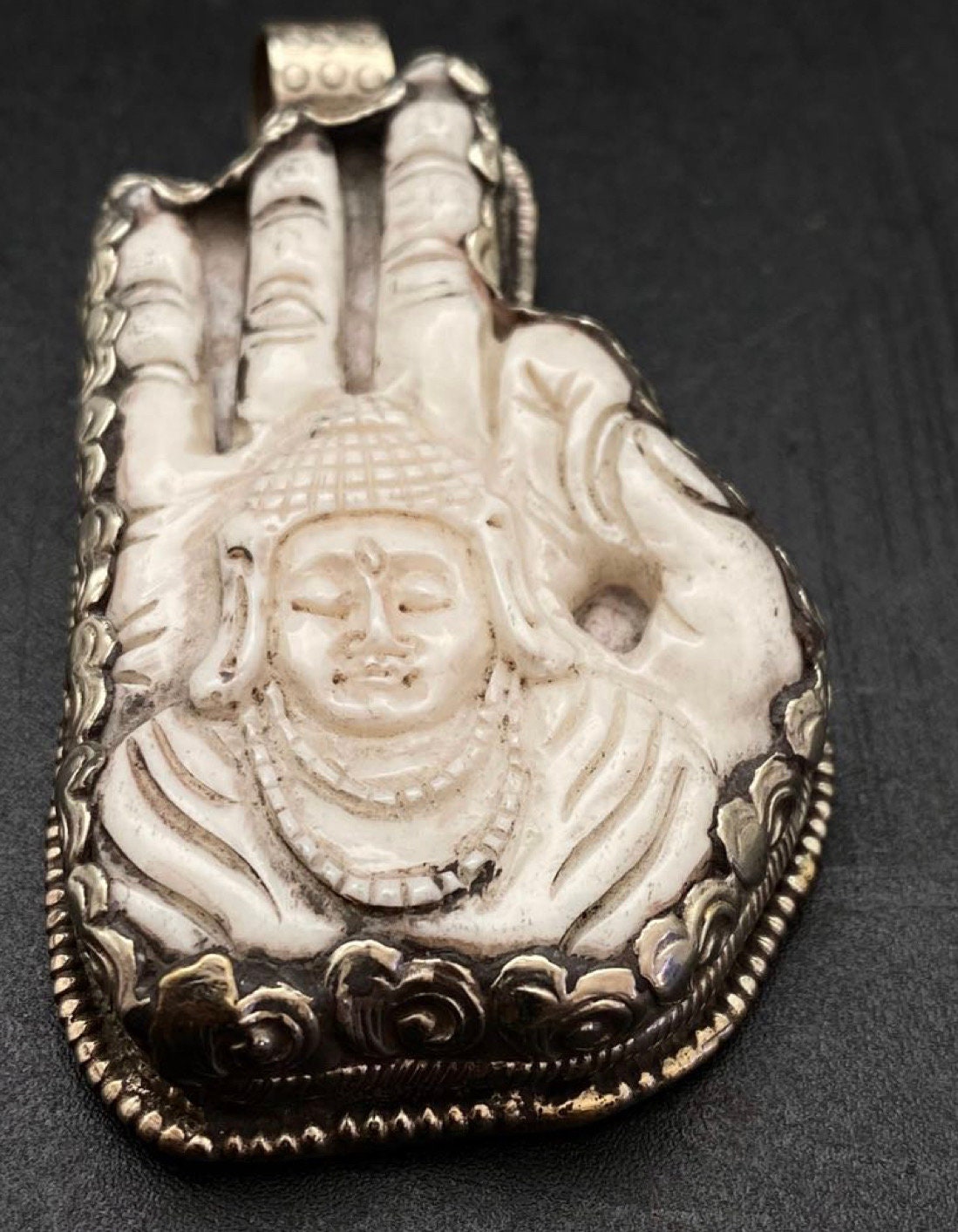 Bone Carved Buddha Hamsa Pendant: Tibetan Silver, Nepalese