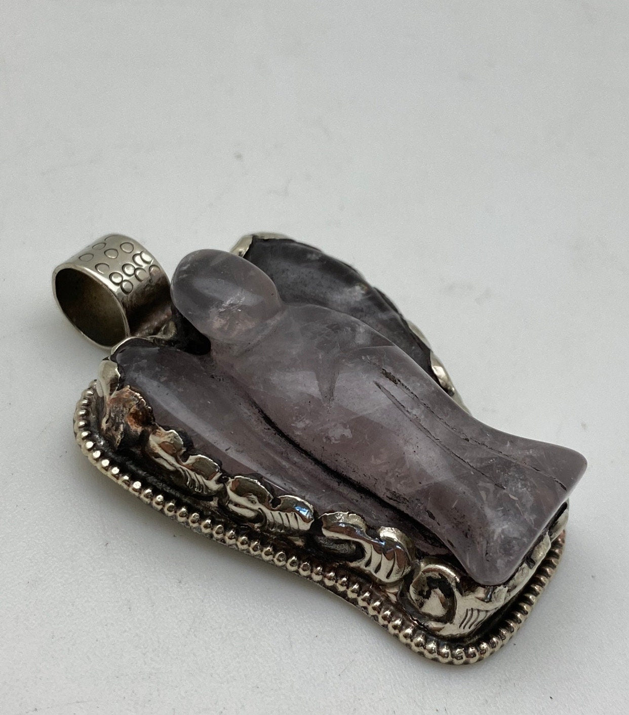 Rose Quartz carved angel pendant,Tibetan silver, handcrafted,Himalayan,Nepal