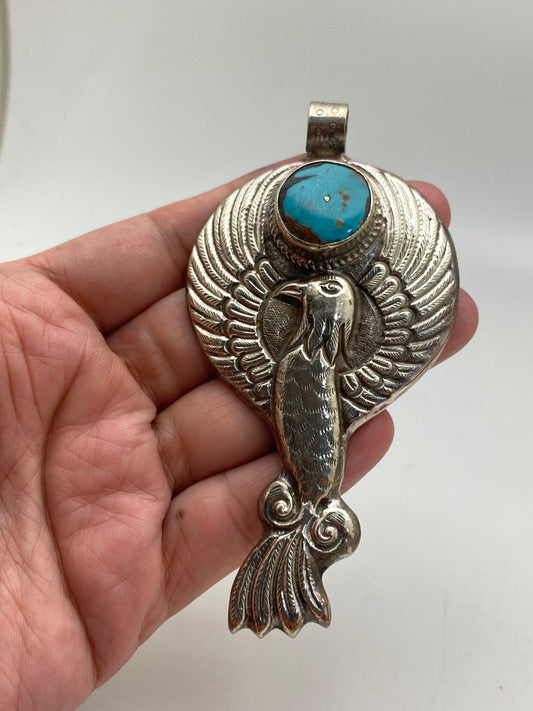 Large bird pendant,Turquoise , handcrafted,Tibetan silver, Tibetan design,ethnic,Himalayan, Nepalese