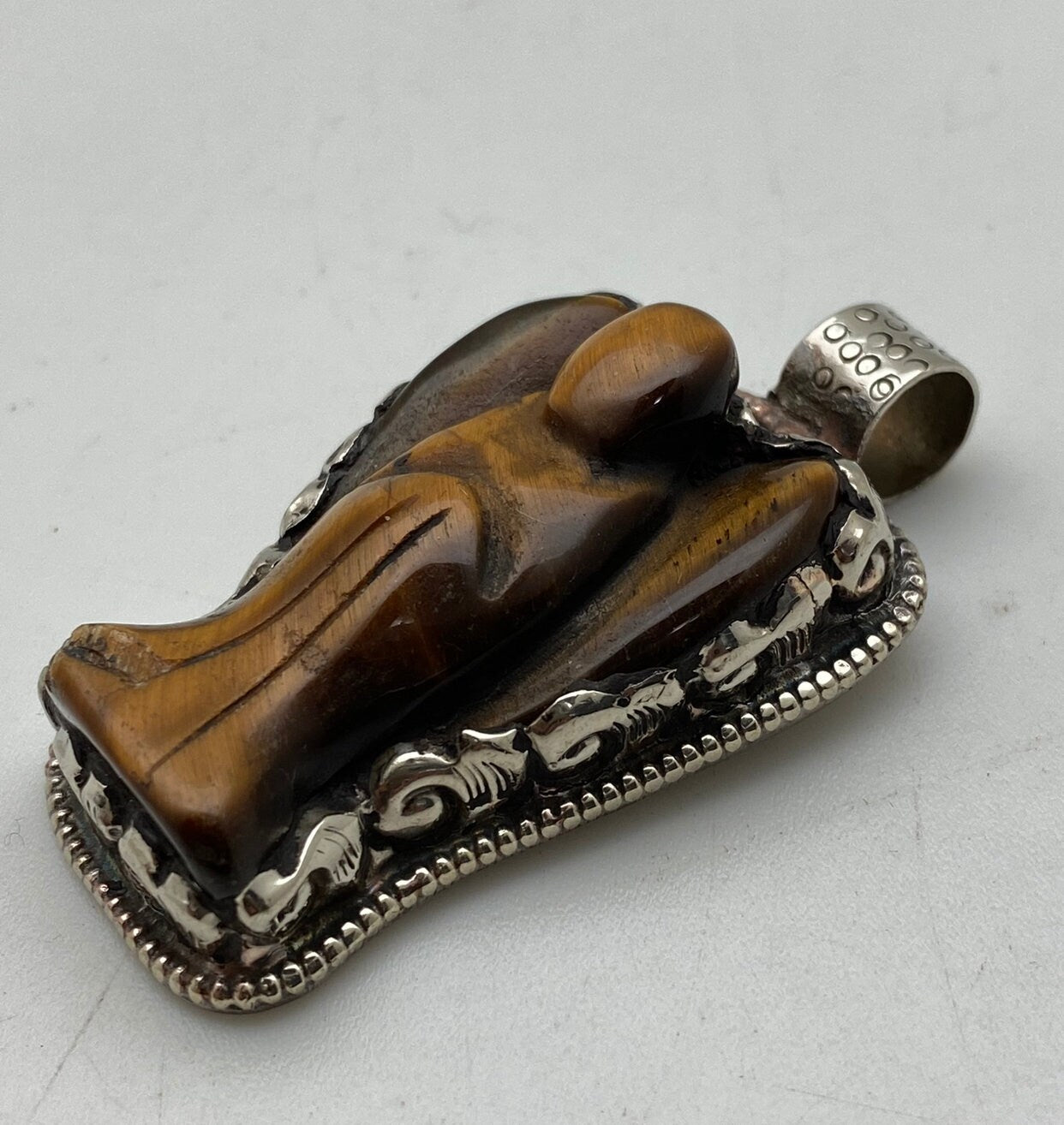 Tiger eye carved angel pendant,tibetan silver, handcrafted,Himalayan,Nepalese