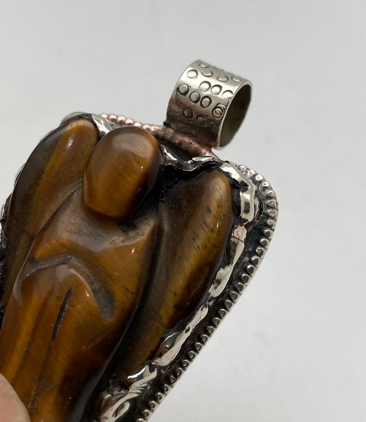 Tiger eye carved angel pendant,tibetan silver, handcrafted,Himalayan,Nepalese