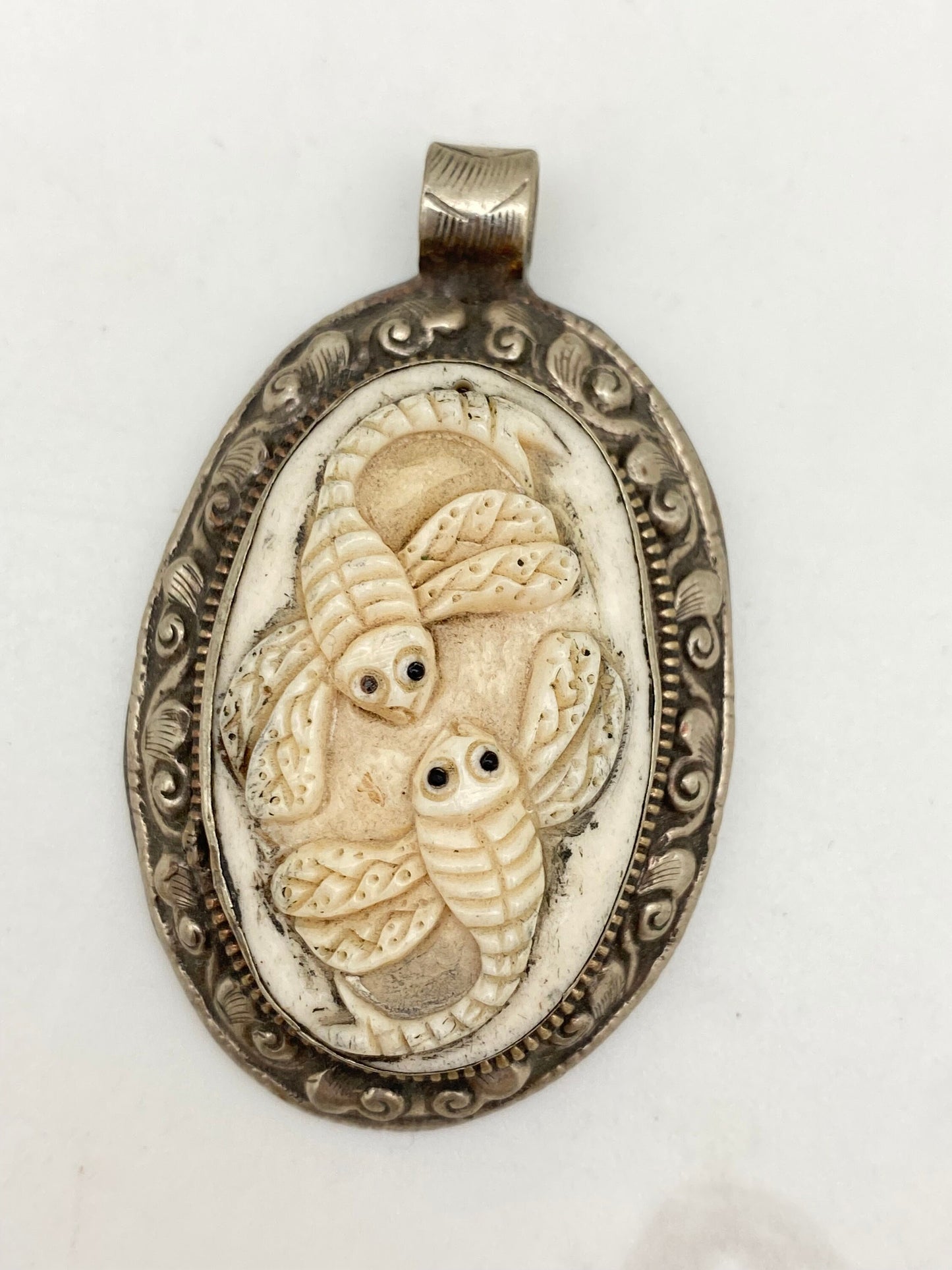 Bone carved bee pendant, two bee pendant,tibetan silver, handcrafted,ethnic design,tibetan design,Hiumalayan,tibetan silver