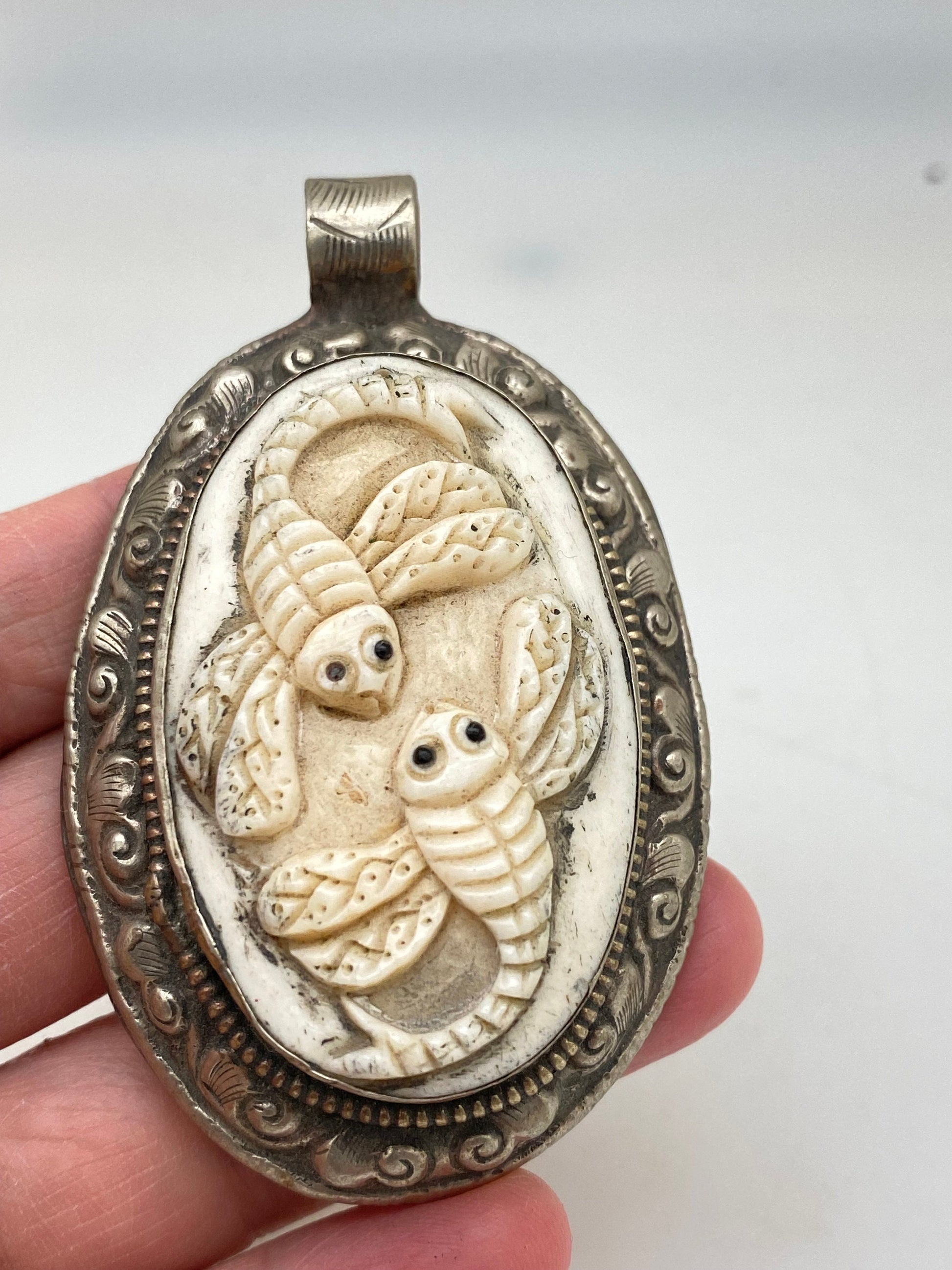Bone carved bee pendant, two bee pendant,tibetan silver, handcrafted,ethnic design,tibetan design,Hiumalayan,tibetan silver