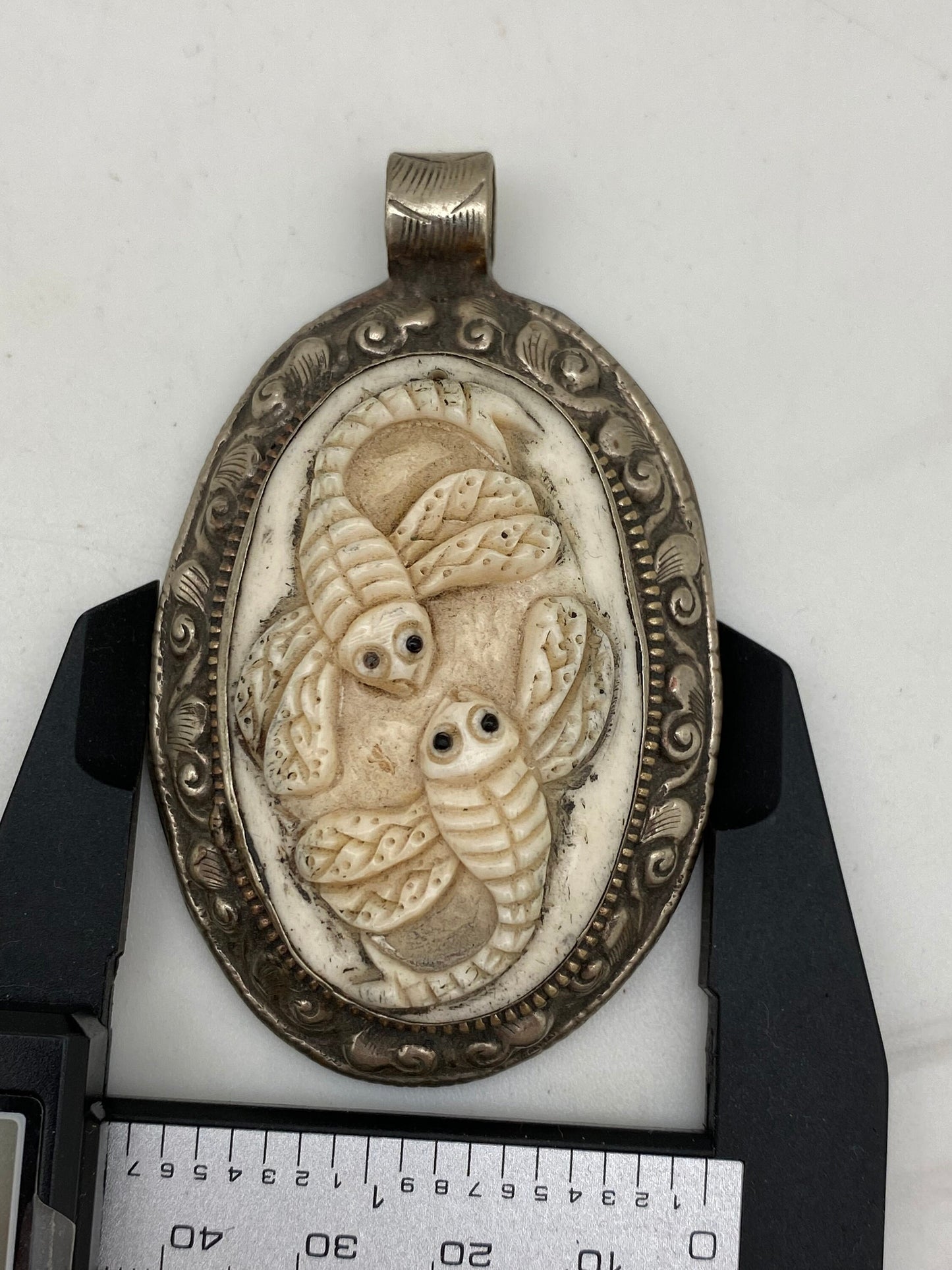 Bone carved bee pendant, two bee pendant,tibetan silver, handcrafted,ethnic design,tibetan design,Hiumalayan,tibetan silver