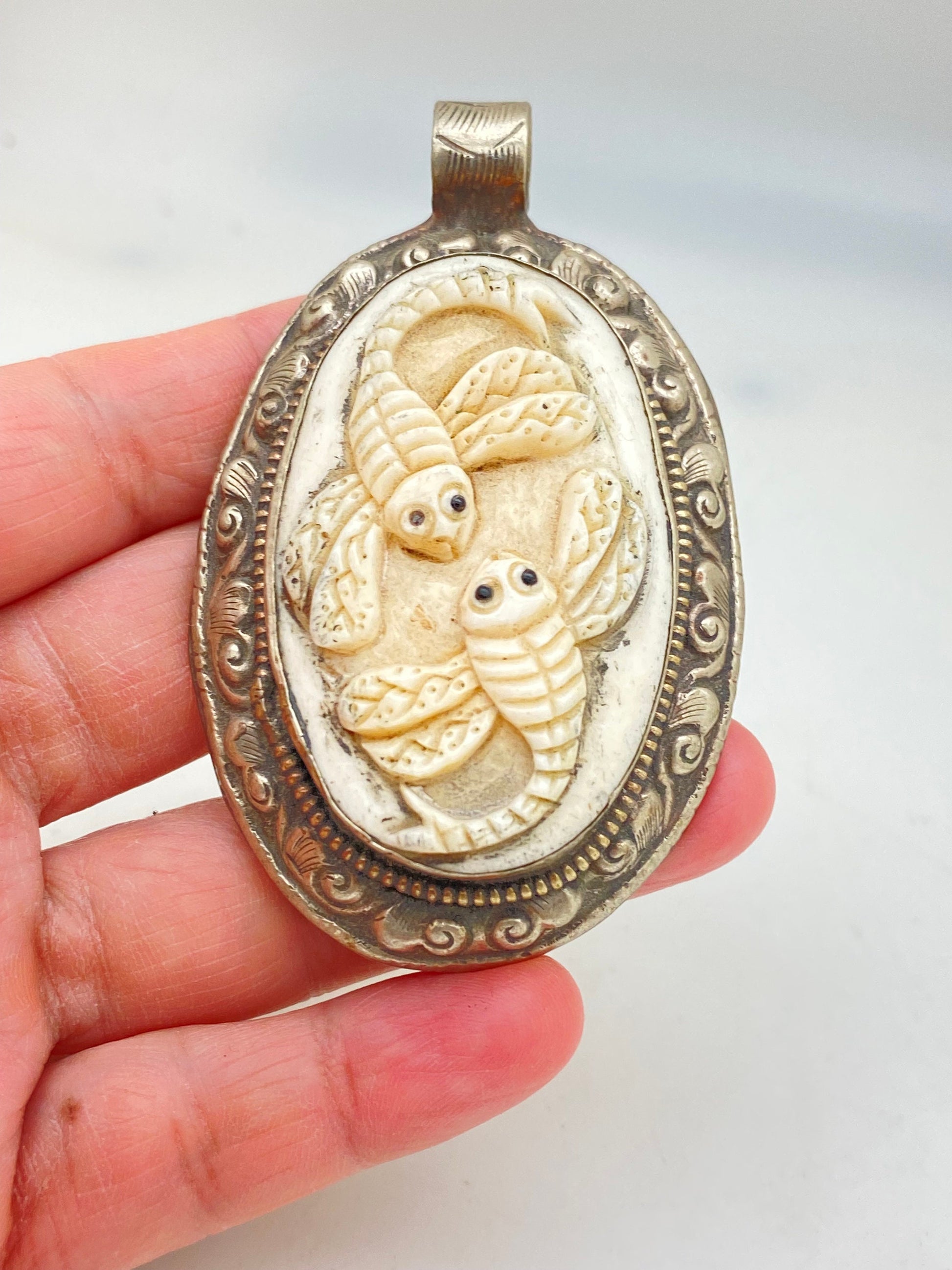 Bone carved bee pendant, two bee pendant,tibetan silver, handcrafted,ethnic design,tibetan design,Hiumalayan,tibetan silver
