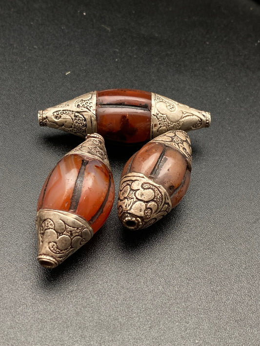 carnelian bead, sterling silver, floral cap, handcrafted,tibetan design, ethnic,Himalayan,Nepalese