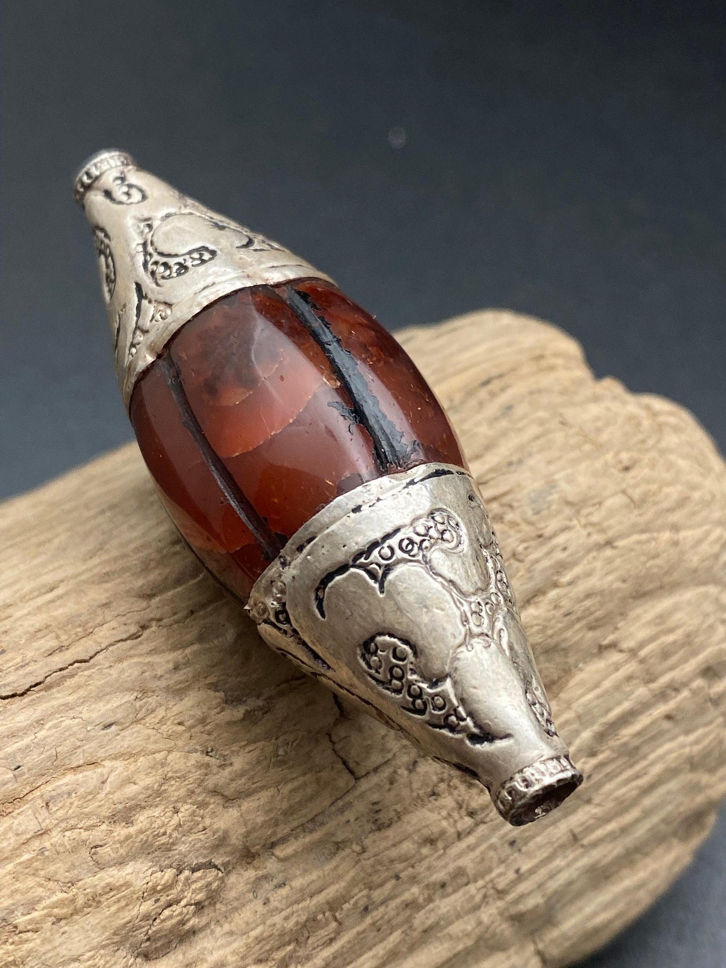 carnelian bead, sterling silver, floral cap, handcrafted,tibetan design, ethnic,Himalayan,Nepalese