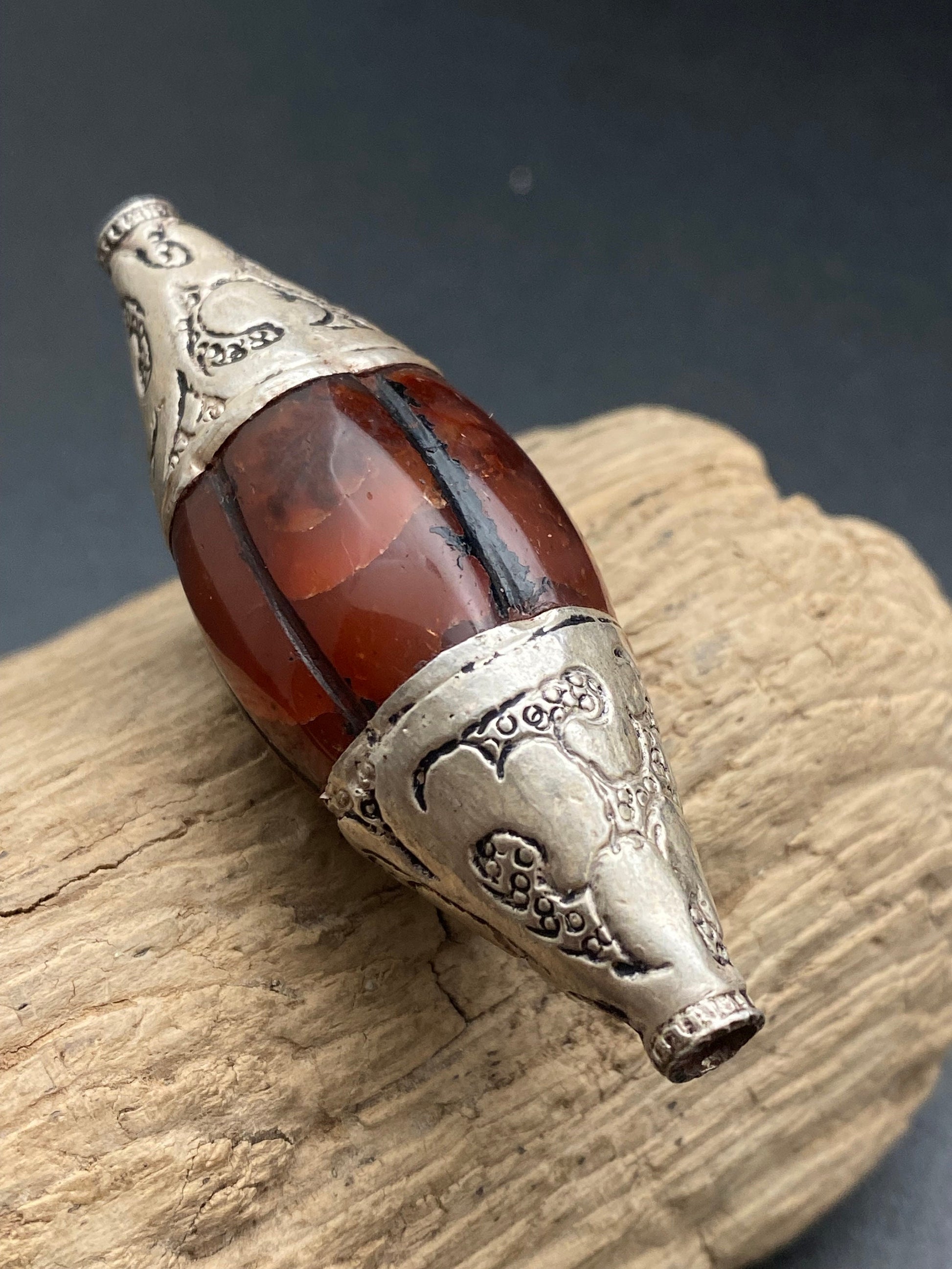 carnelian bead, sterling silver, floral cap, handcrafted,tibetan design, ethnic,Himalayan,Nepalese