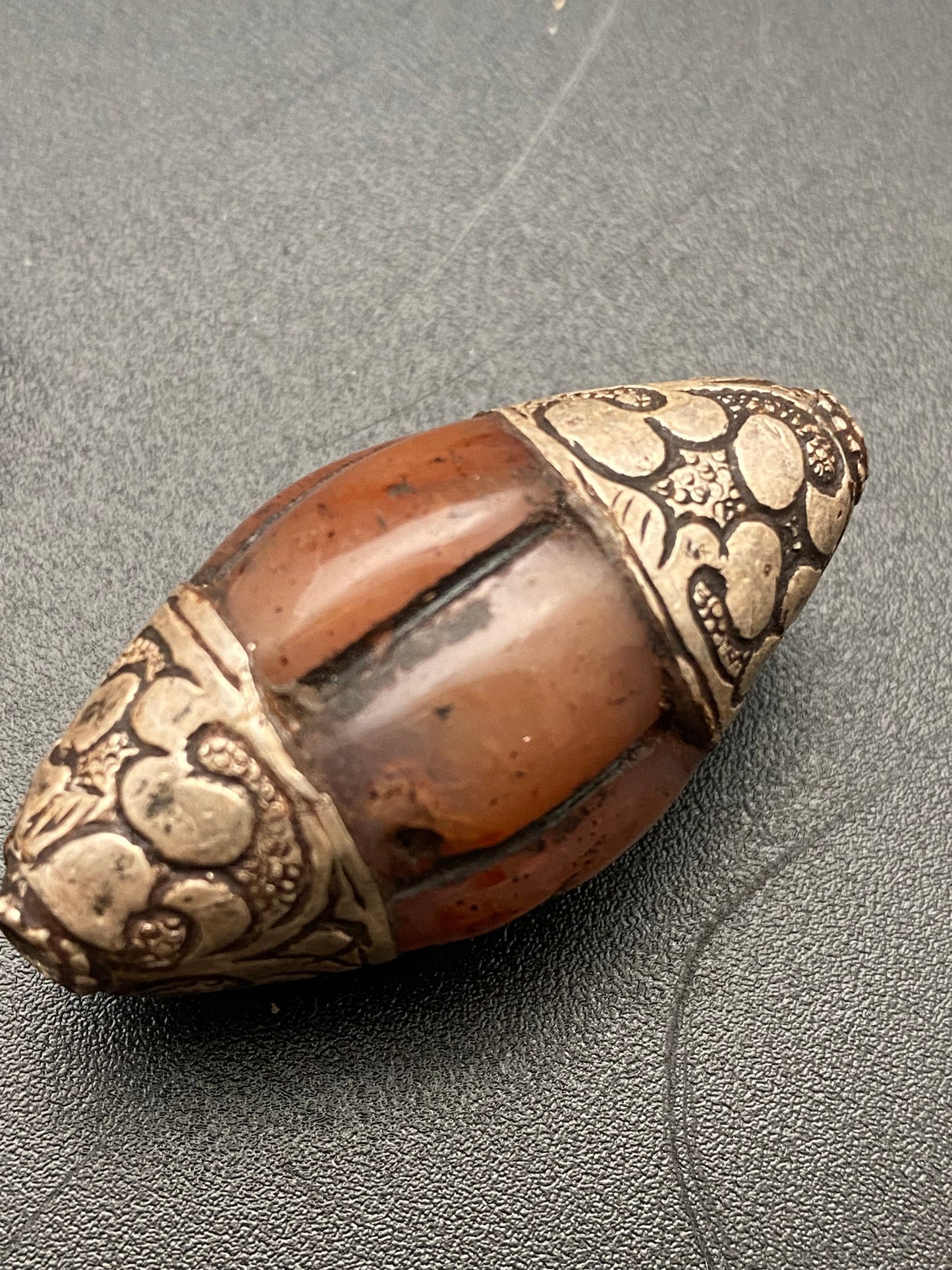carnelian bead, sterling silver, floral cap, handcrafted,tibetan design, ethnic,Himalayan,Nepalese