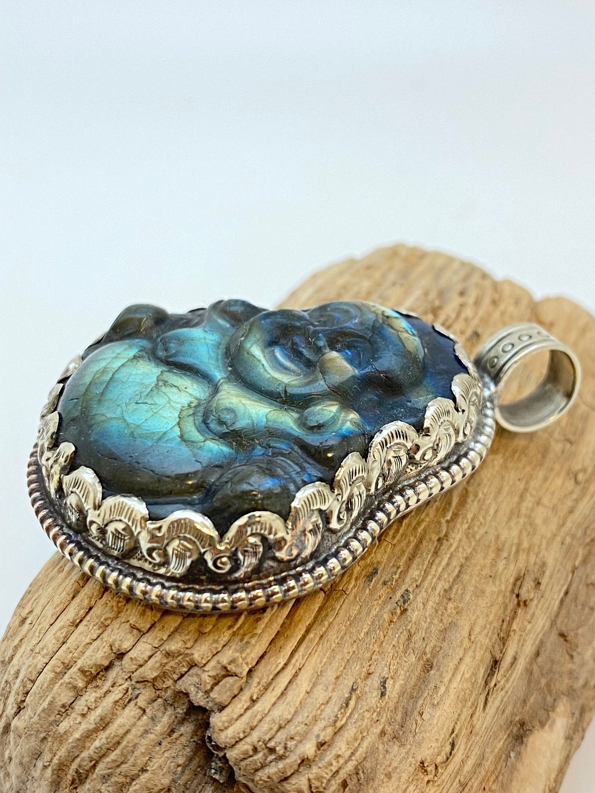 Labradorite laughing Buddha,Happy Buddha,Laughing Buddha,Tibetan silver, hand carved, hand crafted, ethnic,Himalayan,Nepal,Buddhist