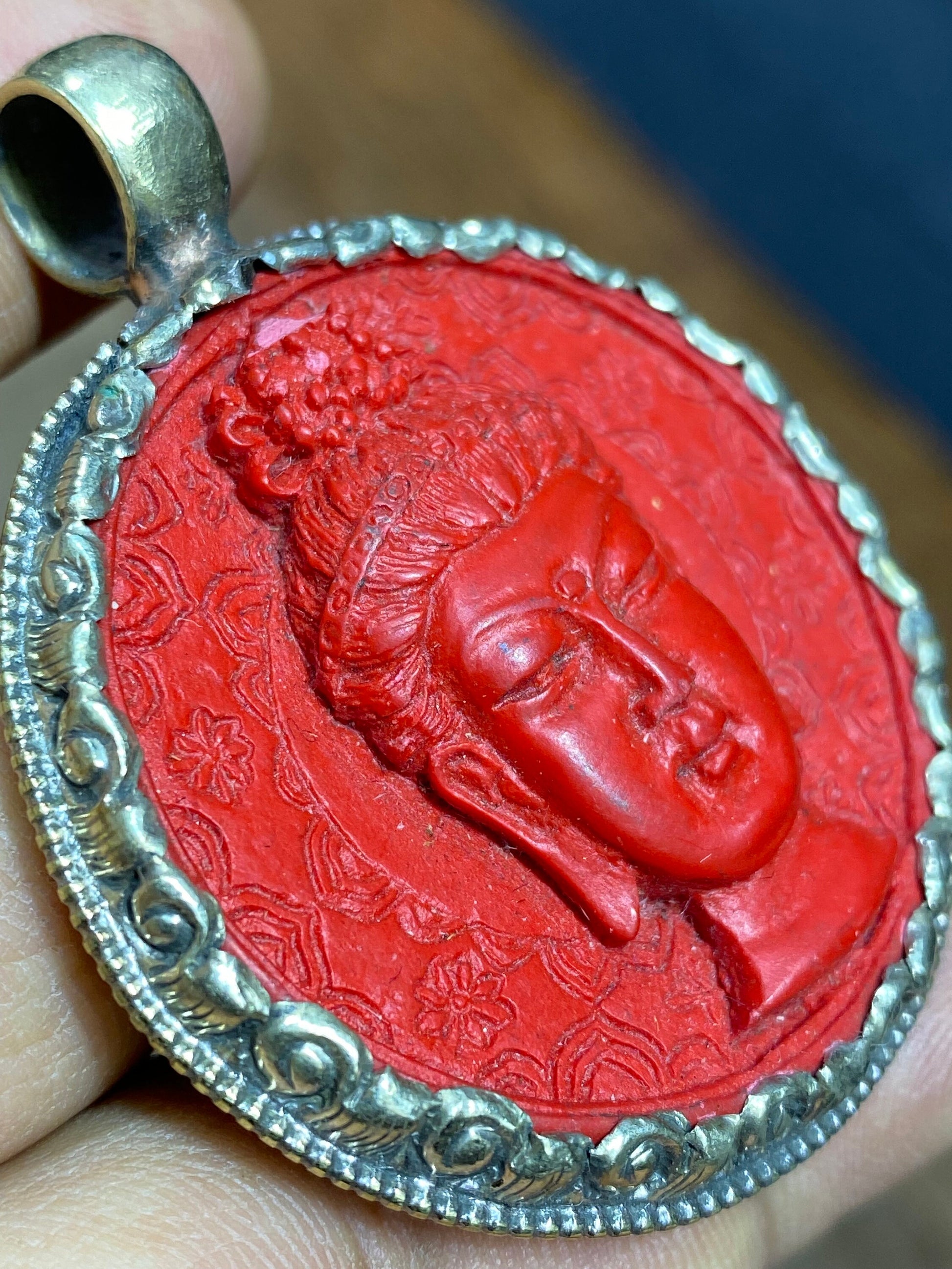 Hand Carved Cinnabar Buddha Pendant: Tibetan Silver Amulet