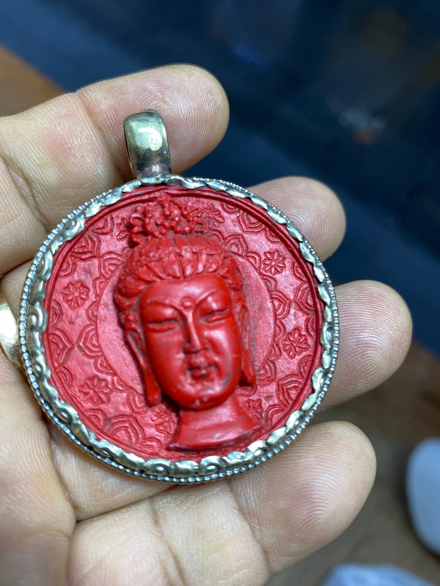 Hand Carved Cinnabar Buddha Pendant: Tibetan Silver Amulet